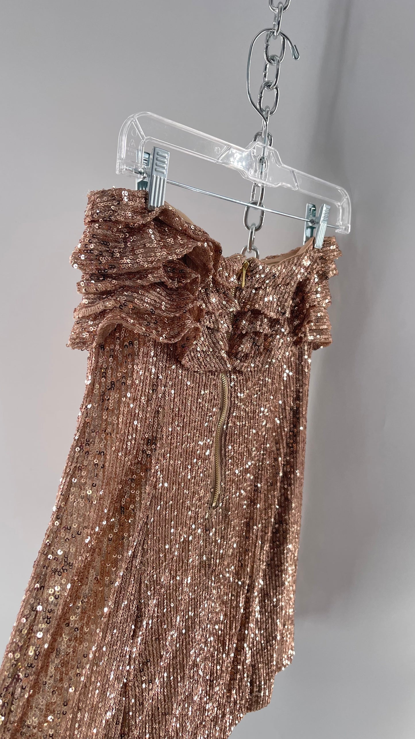 Free People Rose Gold Sequin Mini Dress with Ruffled Bust and Statement Back Zipper (4)