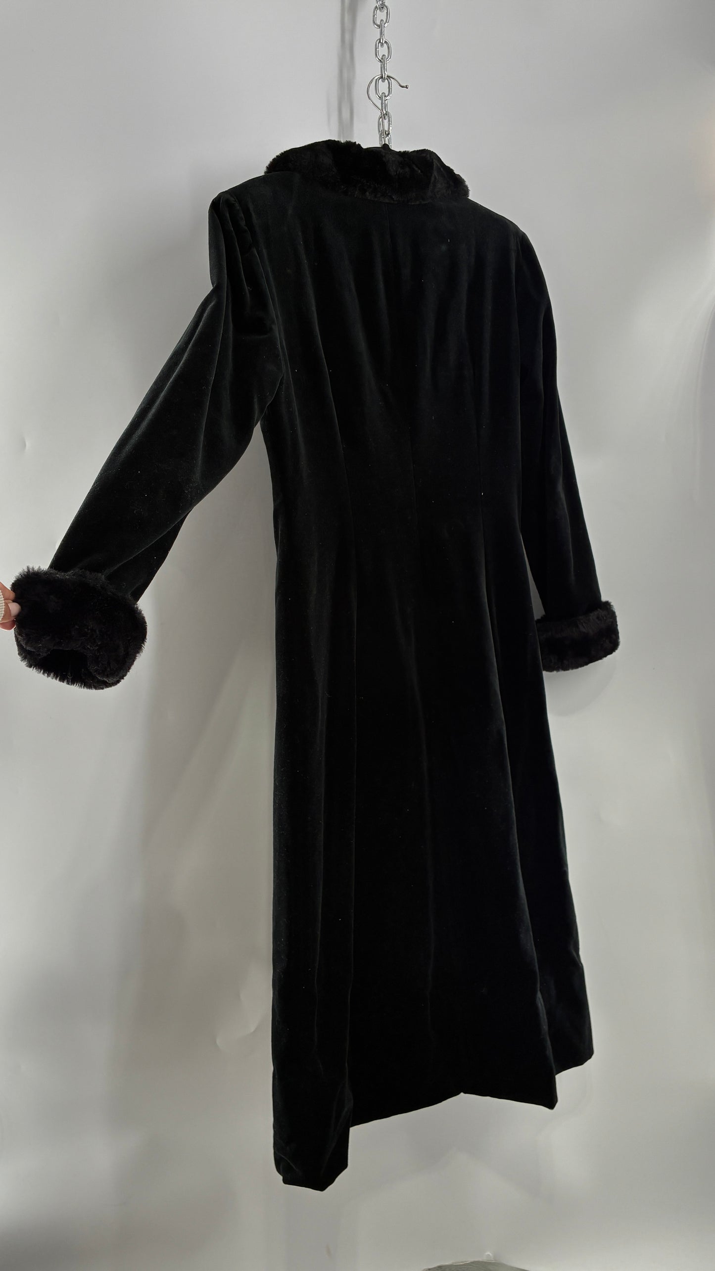 Vintage JS Collection Velour Duster Coat with Deep Neckline, Vegan Fur Collar and Cuffs (Large)