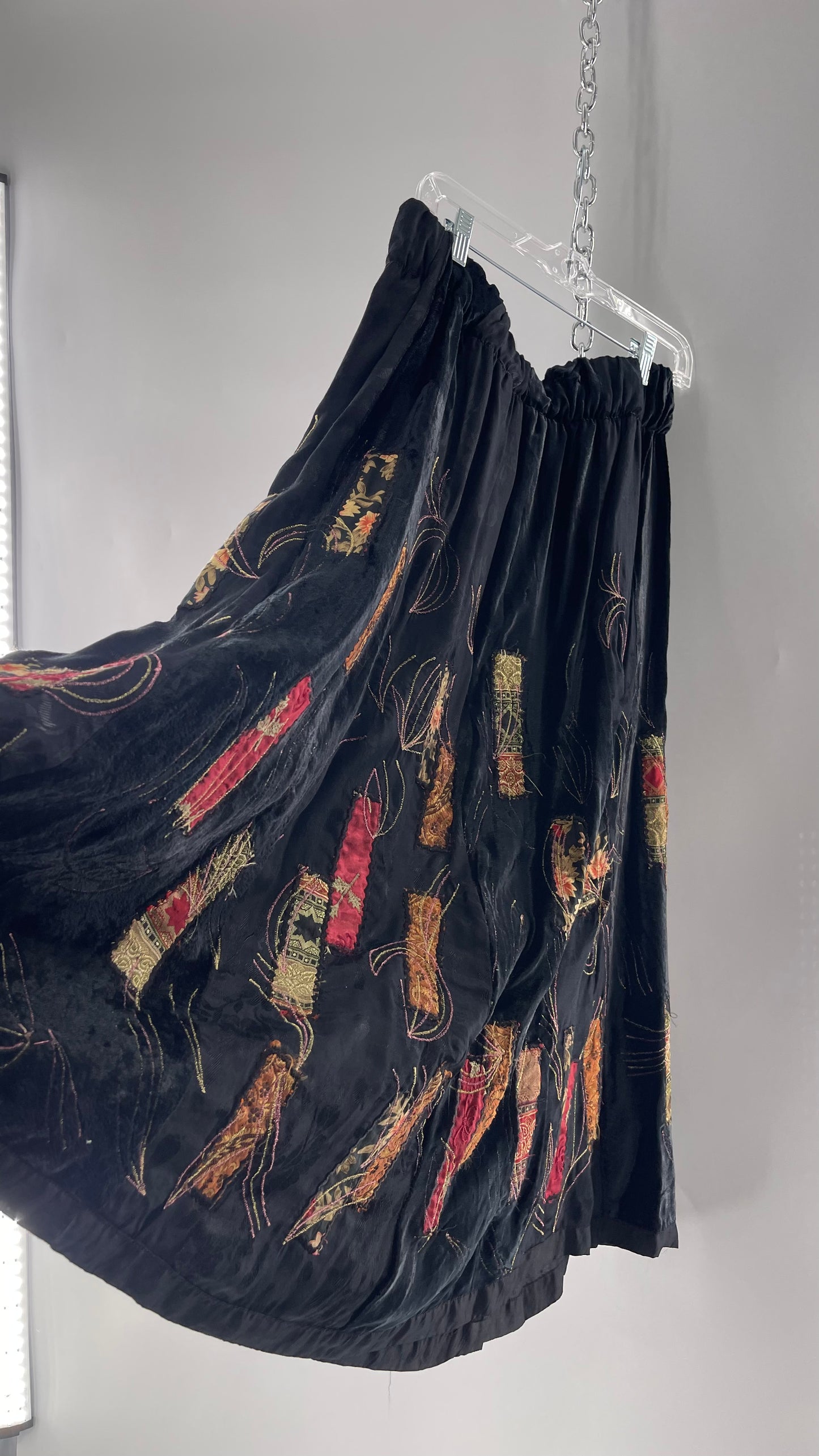 Vintage Black Velvet and Embossed Florals Patchwork Skirt with Metallic Stitch Detailing with Lining and Thick Waistline (M)