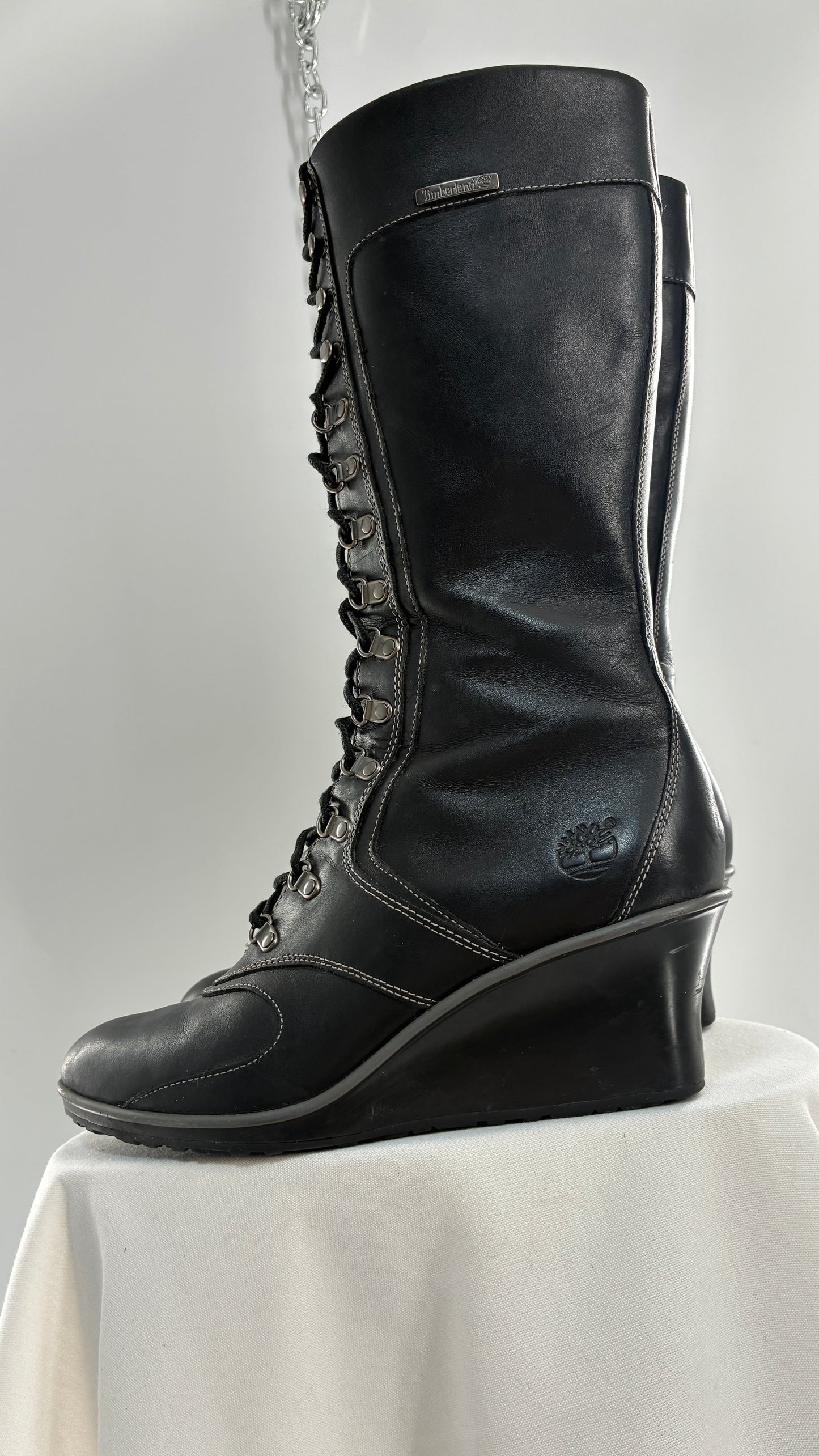 Vintage TIMBERLAND Black Genuine Leather Wedge Boots (10)