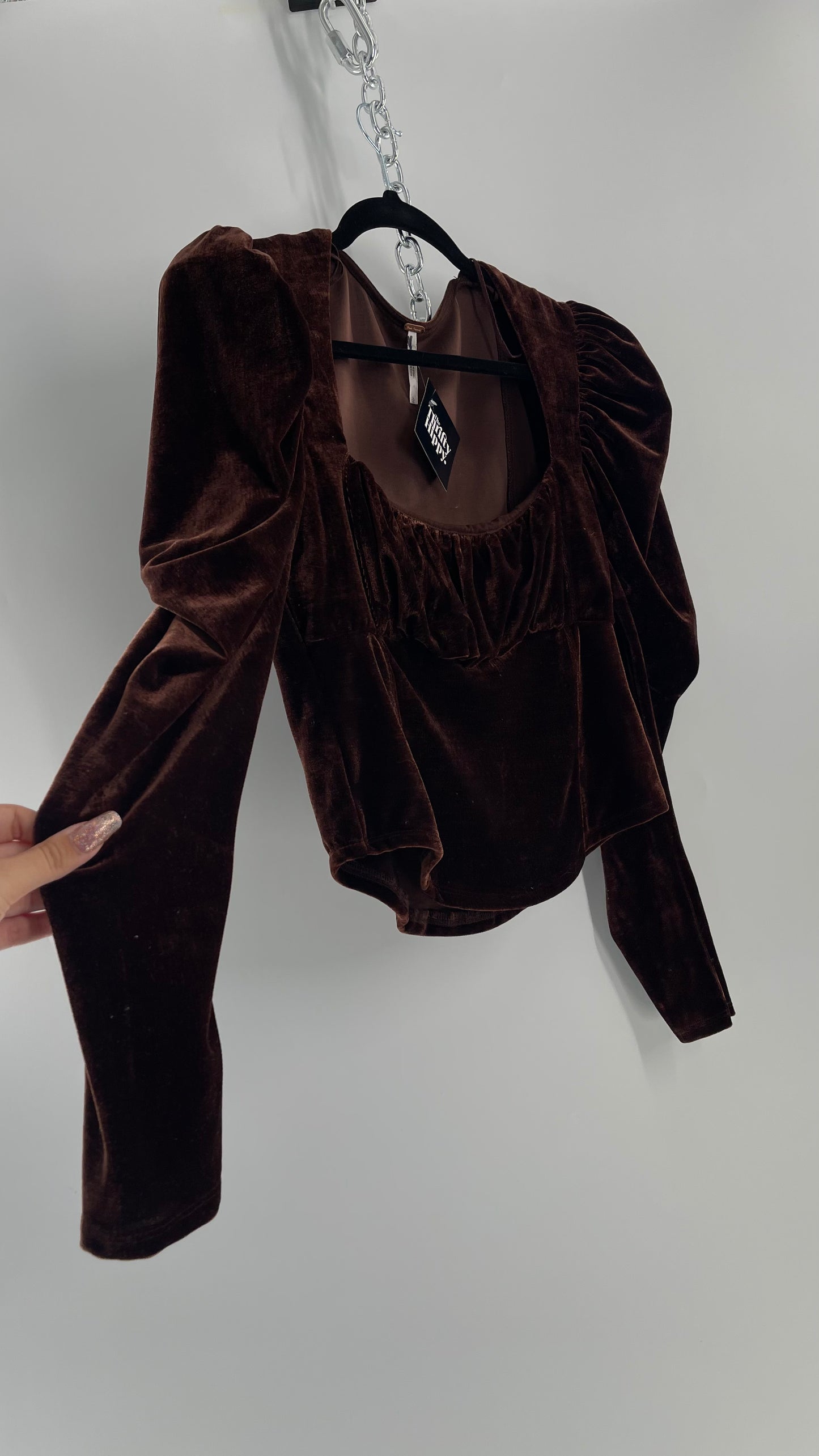 Free People Dark Brown Velvet Long Sleeve Cropped Blouse with Milkmaid Neckline and Renaissance Puff Shoulder (Large)