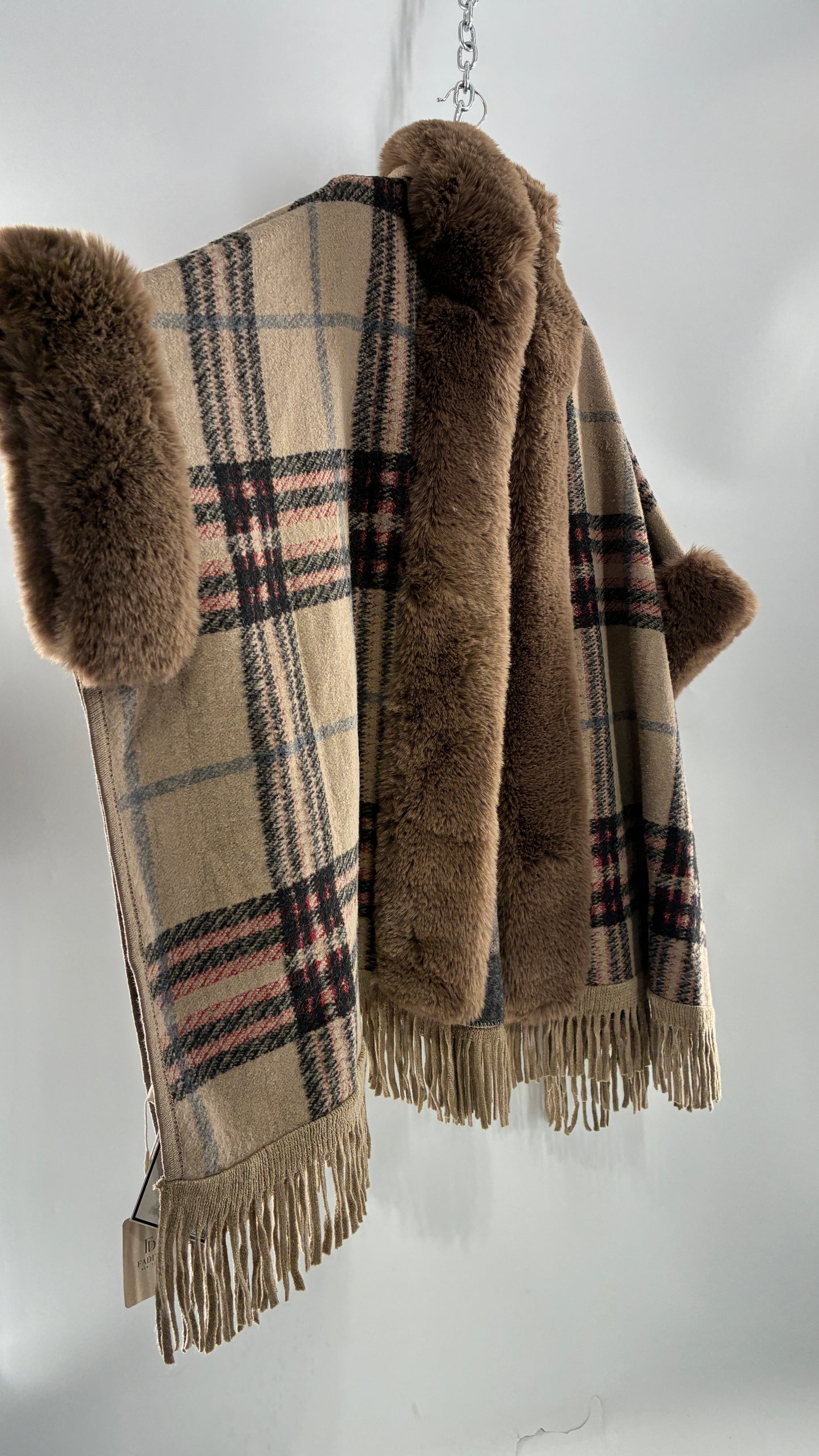 FADIVO NEW YORK Plaid Taupe Cape with Fur Trim and Tags Attached (OS)