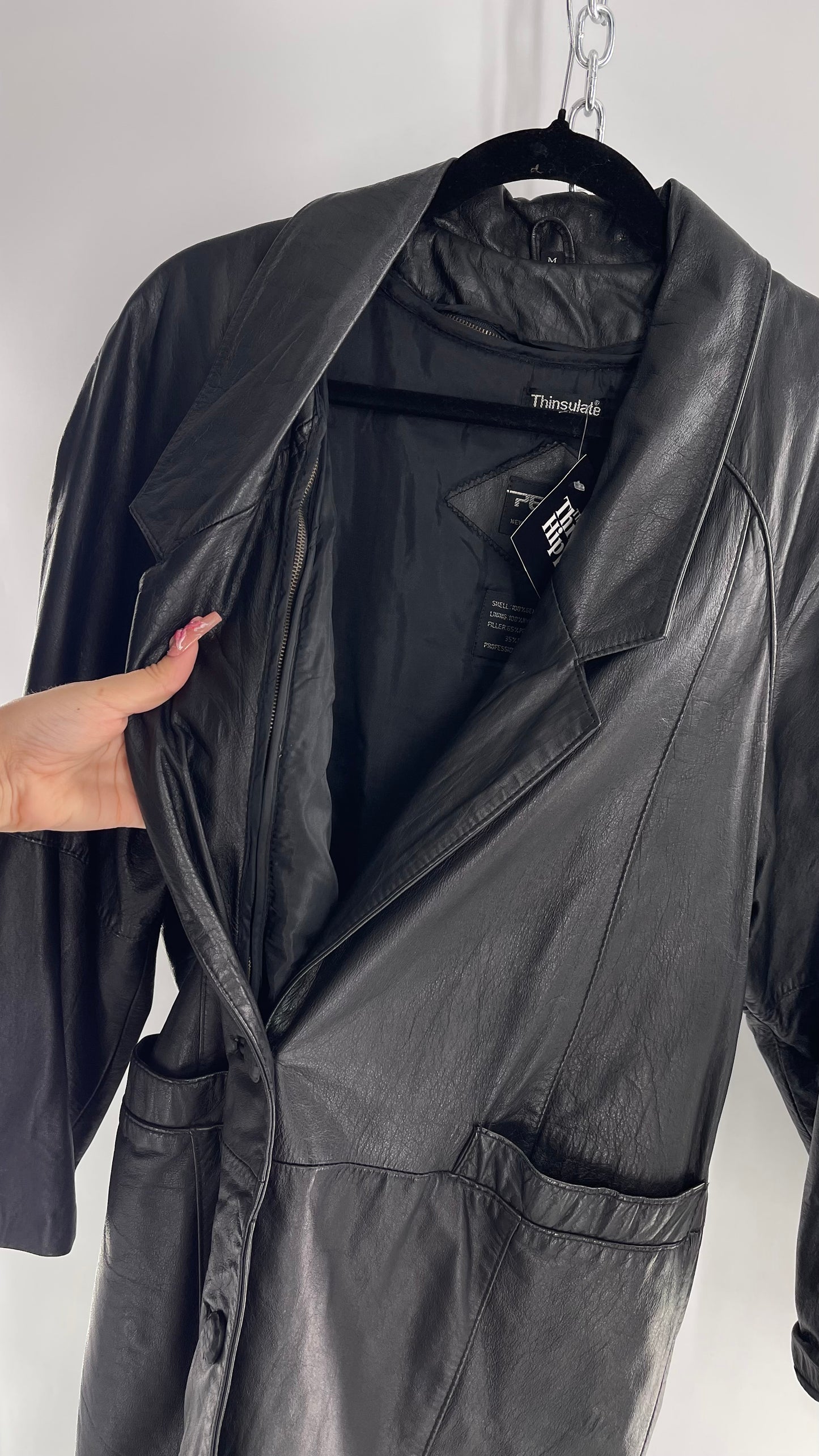 PELLE Vintage Black Leather Duster Coat (C) (Medium)