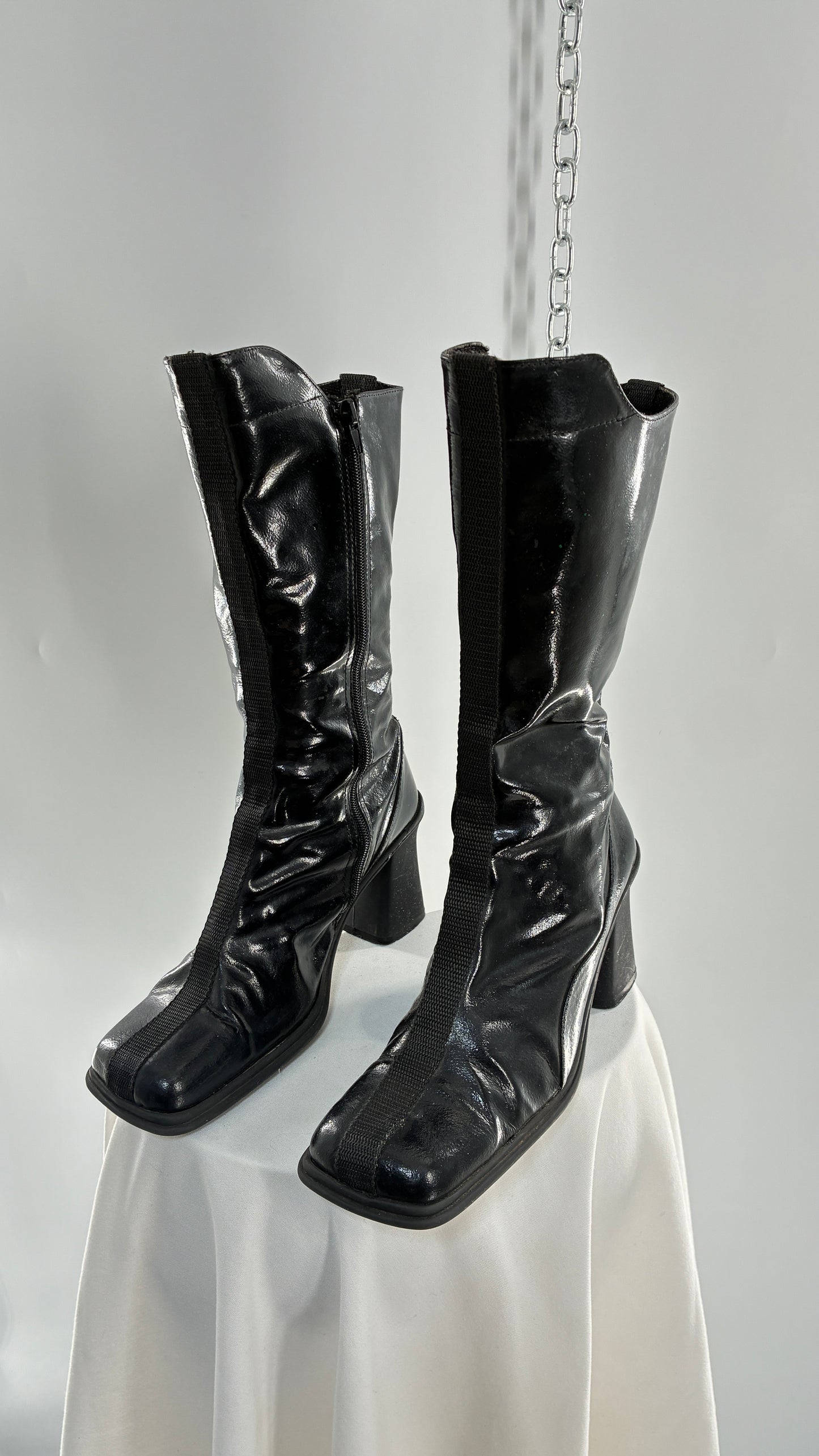 Vintage Black Patent Vinyl Boots with Square Toe and Block Heel with High, Low Calf (40)