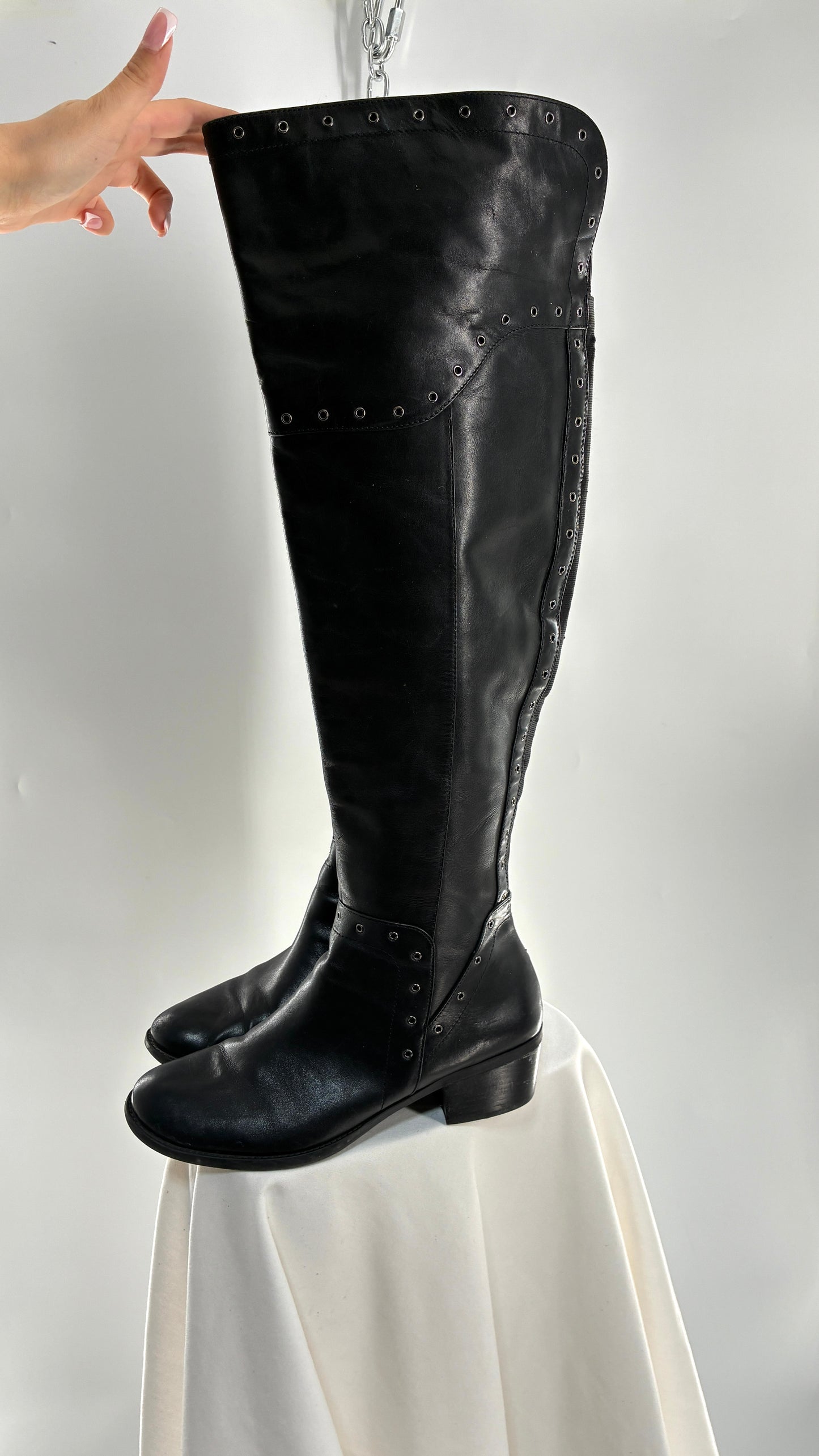 VINCE CAMUTO Genuine Leather Black Over the Knee, Thigh High Boots with Studding Details (11/41)