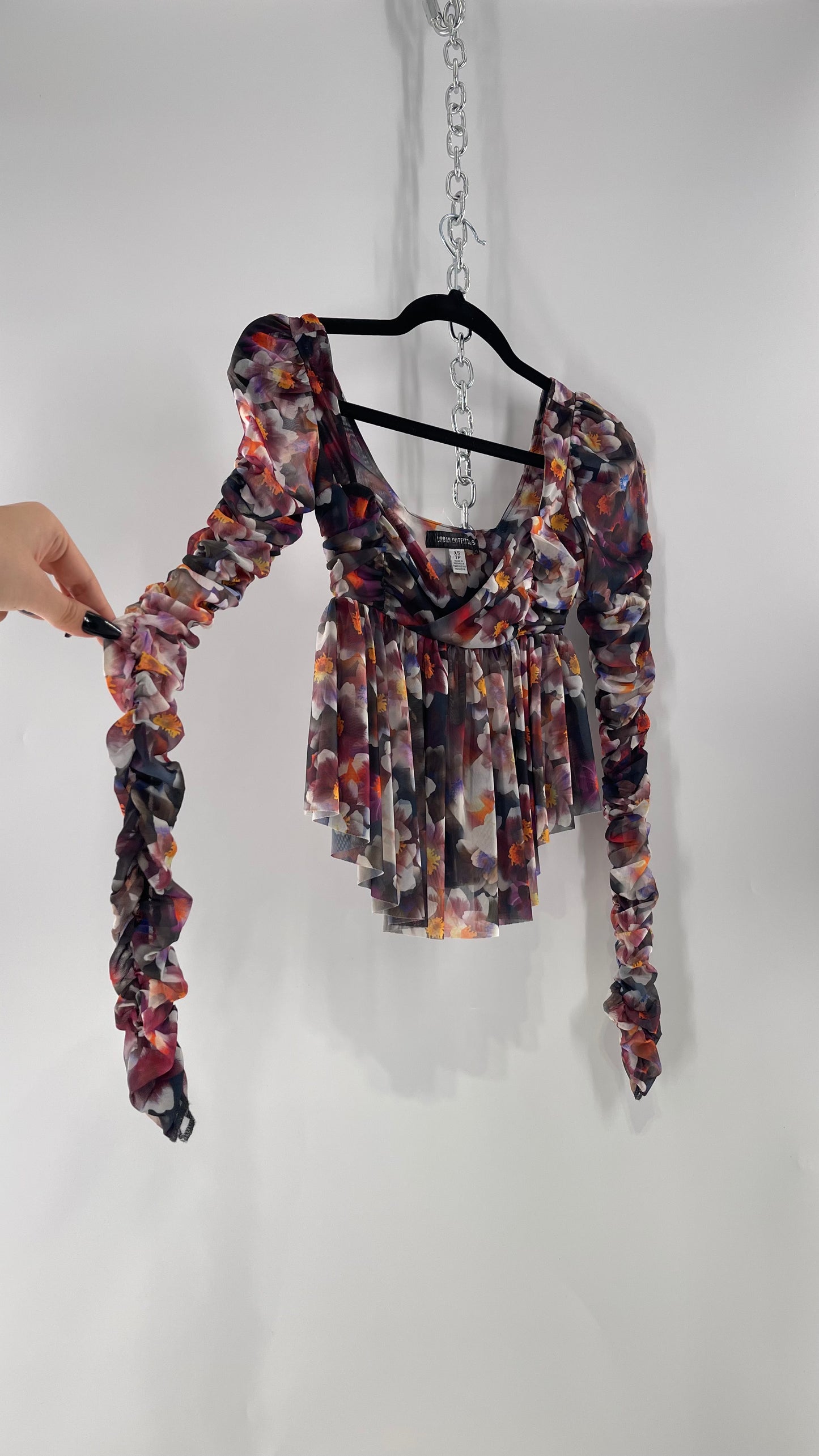 Urban Outfitters Psychedelic Floral Mesh Cropped Blouse with Ruched Sleeves and Pleated Hem   (XS)