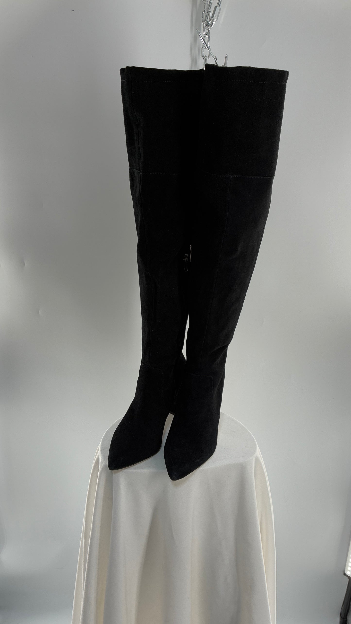 Vintage Black Genuine Suede ADRIENNE VITADINI Thigh High Pointed Toe Boots with Stud Detailing (10)