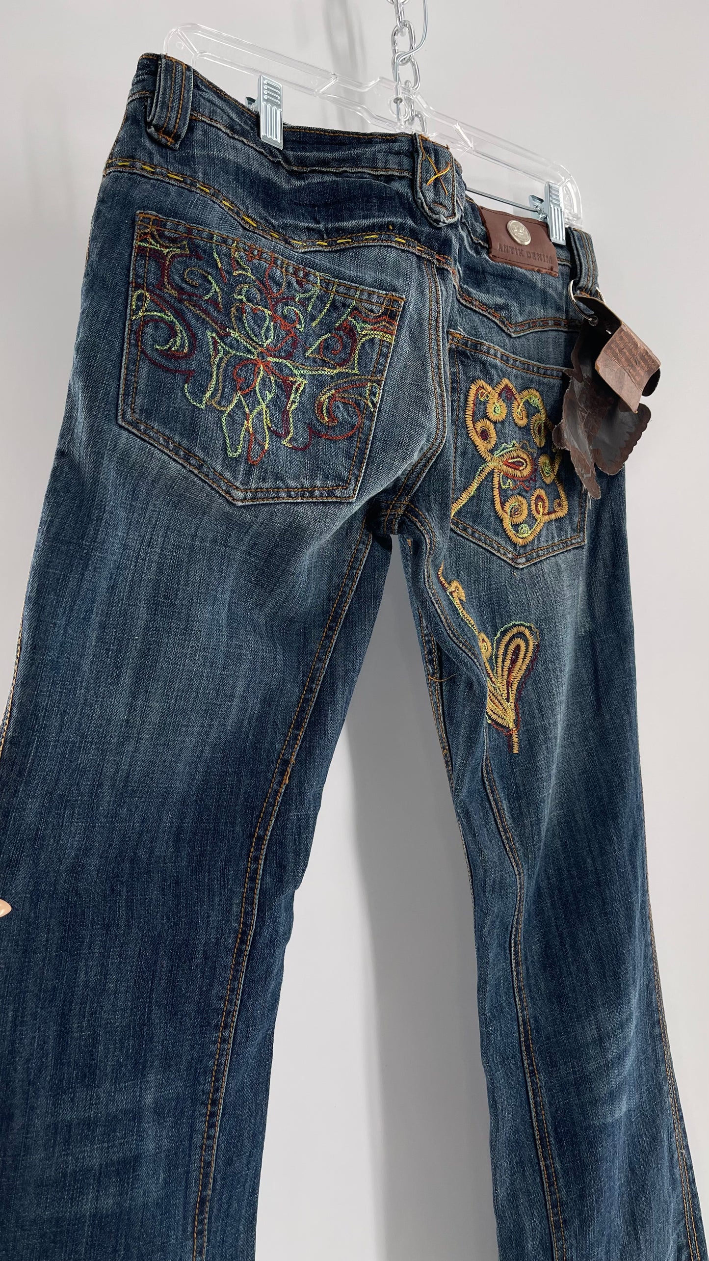 Vintage RARE Antik Denim Kick Flares with Embroidered Flower Design and Contrast Stitching (28)