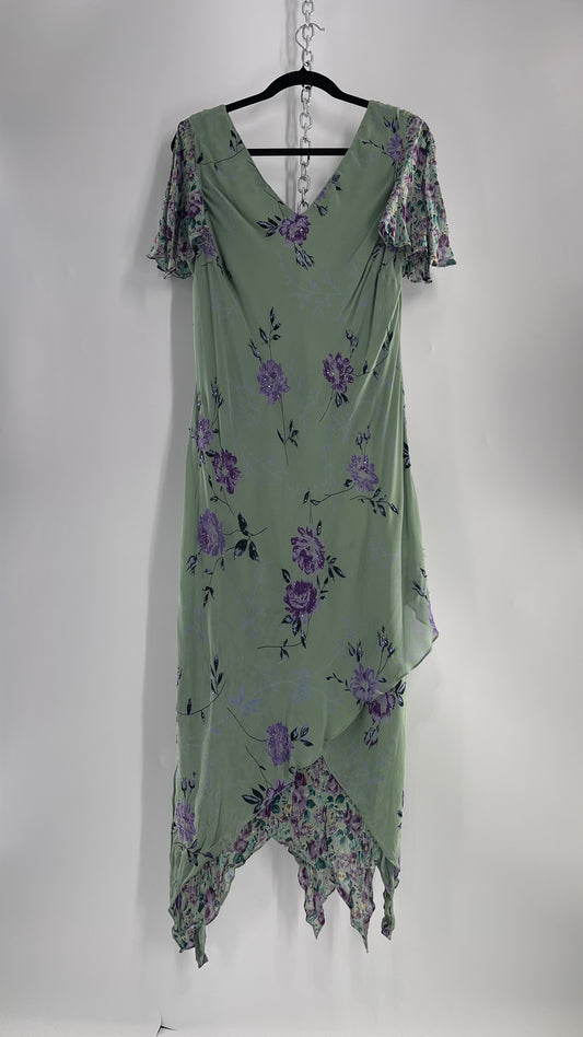 Vintage 1990s EVA BLUE Sage Green  Dress with Purple Beaded Florals and Handkerchief Hem(16)