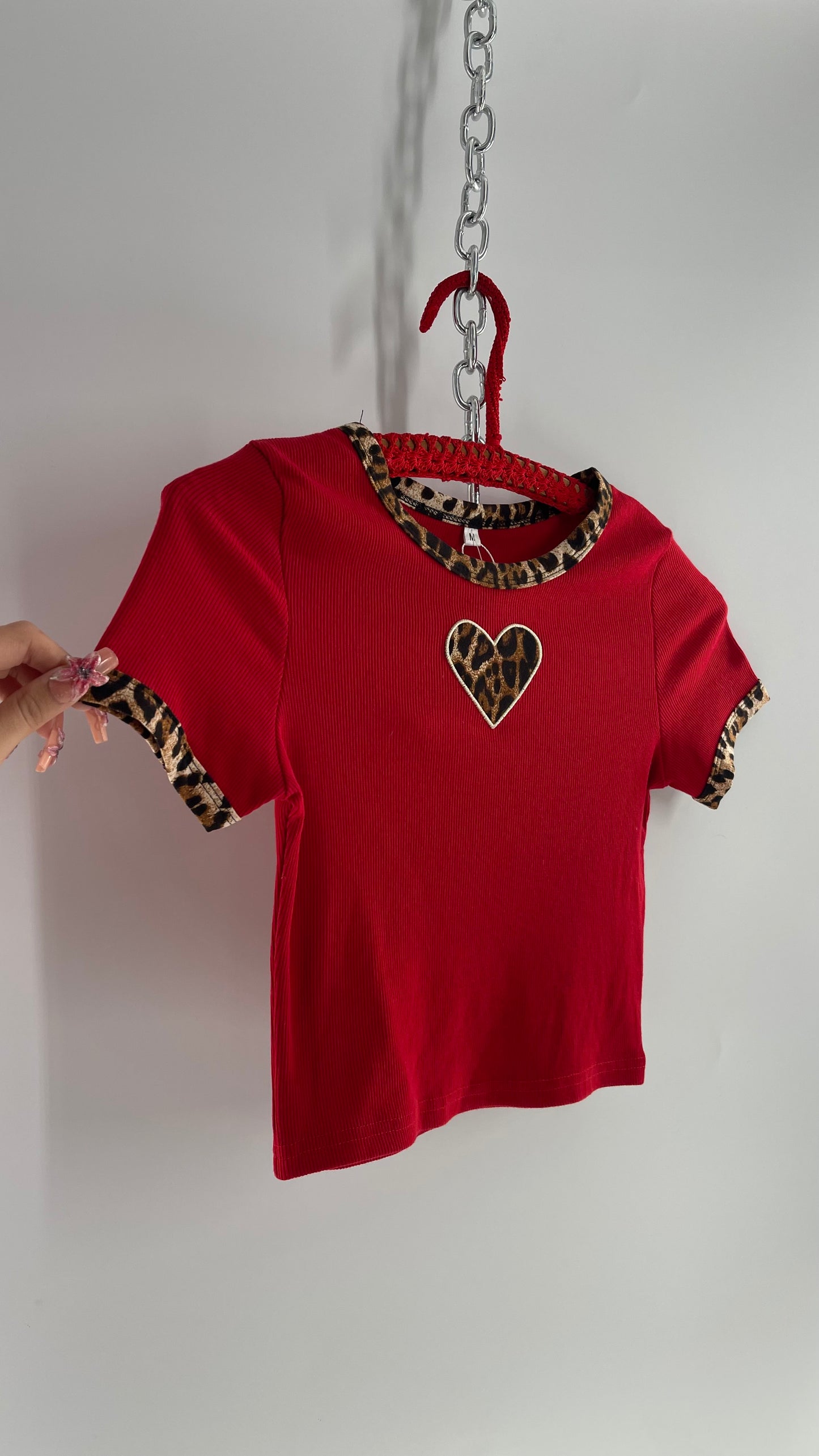 Red Baby T with Cheetah Heart and Piping (Medium)