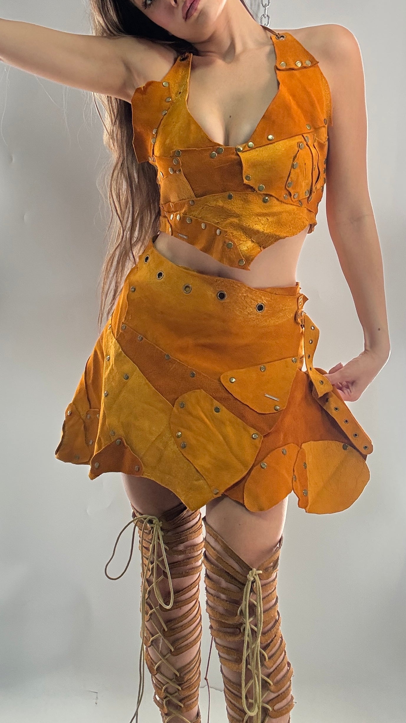 Handmade 1 of 1 and Pressed Genuine Suede and Pebbled Leather Reversible Corset Top and Grommet Skirt Set (XS-M)