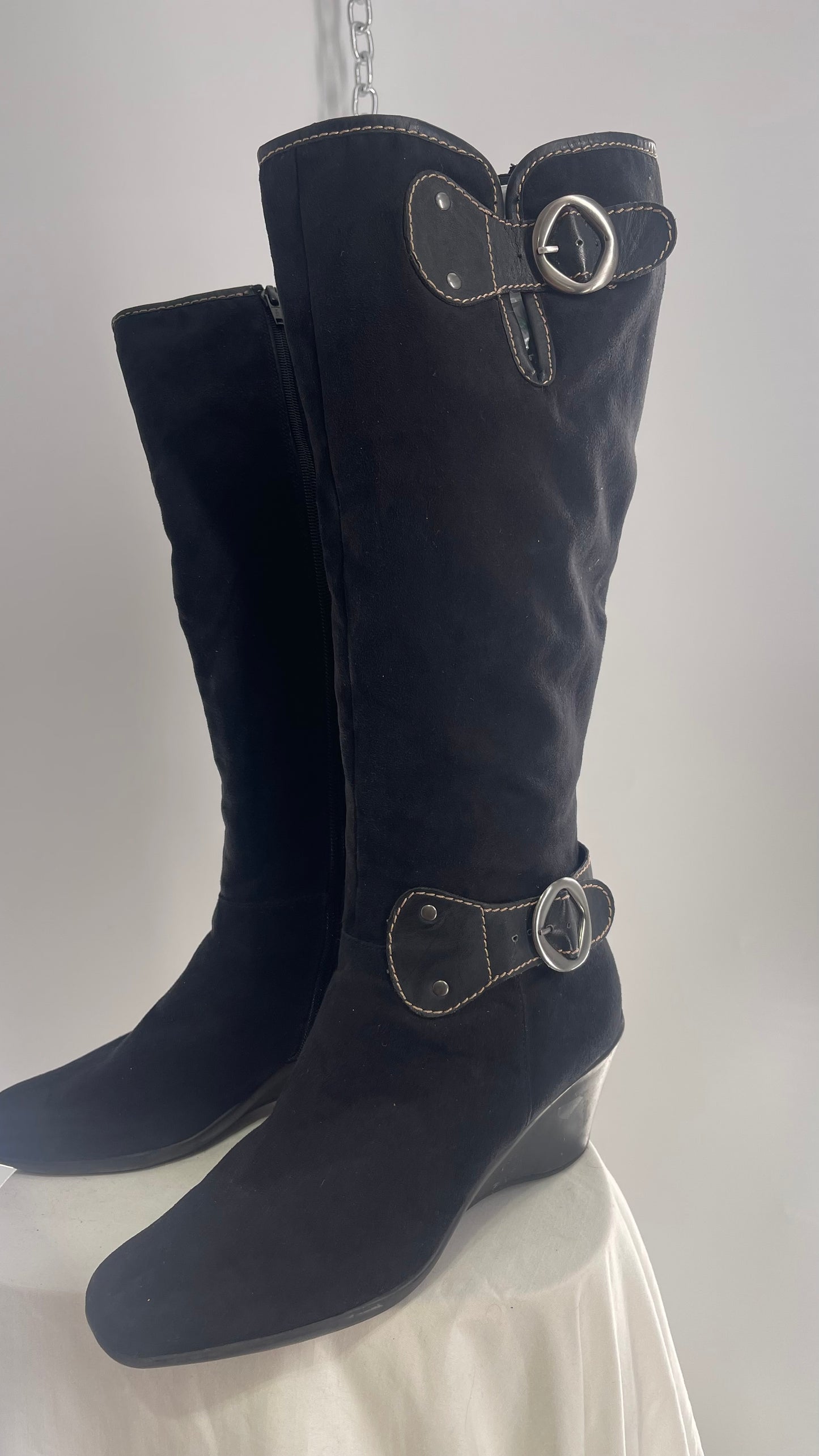 Vintage BASS Black Suede Wedge Heel Knee High Boot with Buckle Details (10)