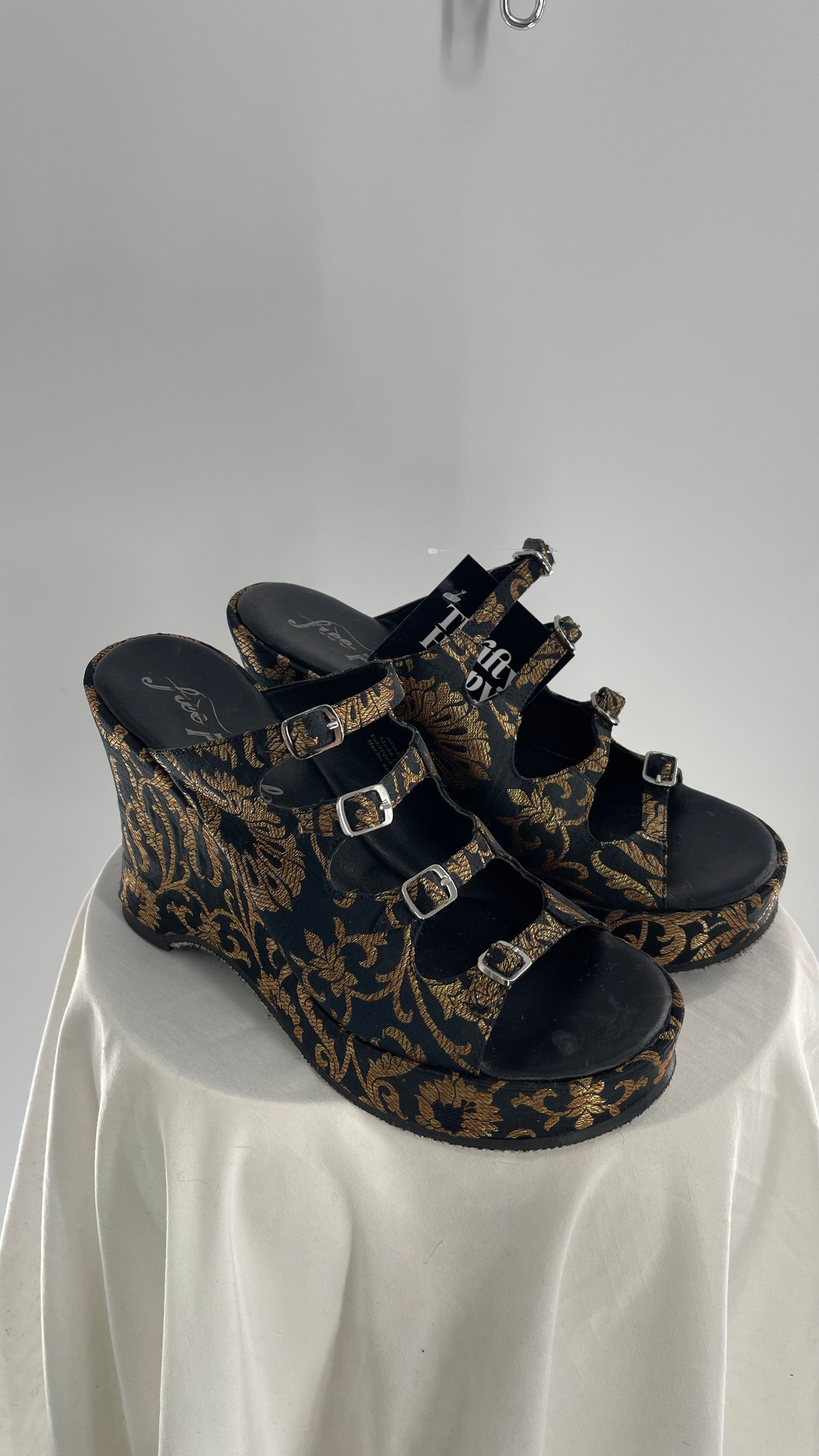 Free People Black Hoffman Buckle Front Wedge Heels with Satin Gold Paisley/Brocade Pattern (37)