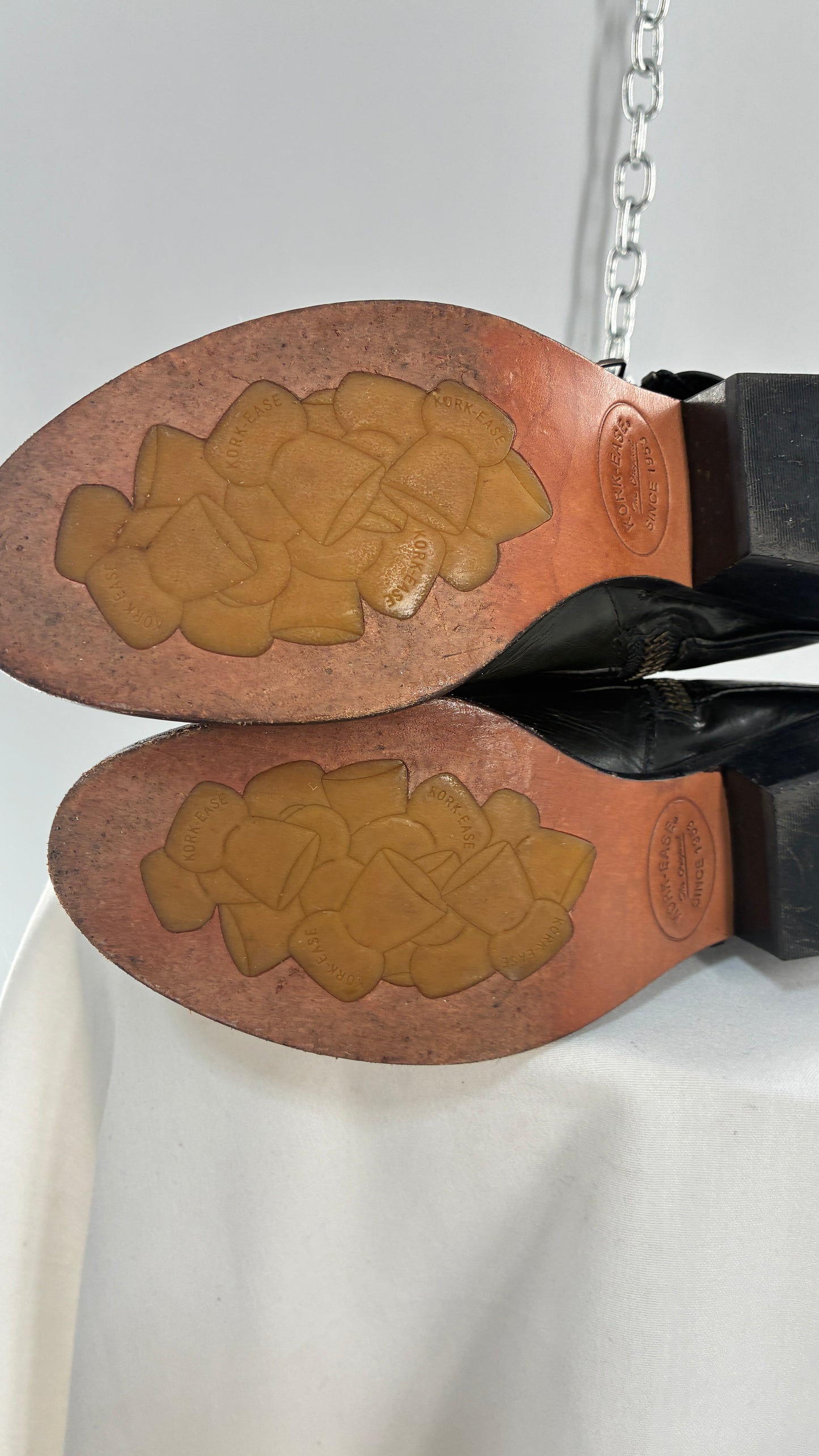 Vintage KORK EASE Black Genuine Leather Fold Over Boots with Heavy Metal Detailing (9/40.5)