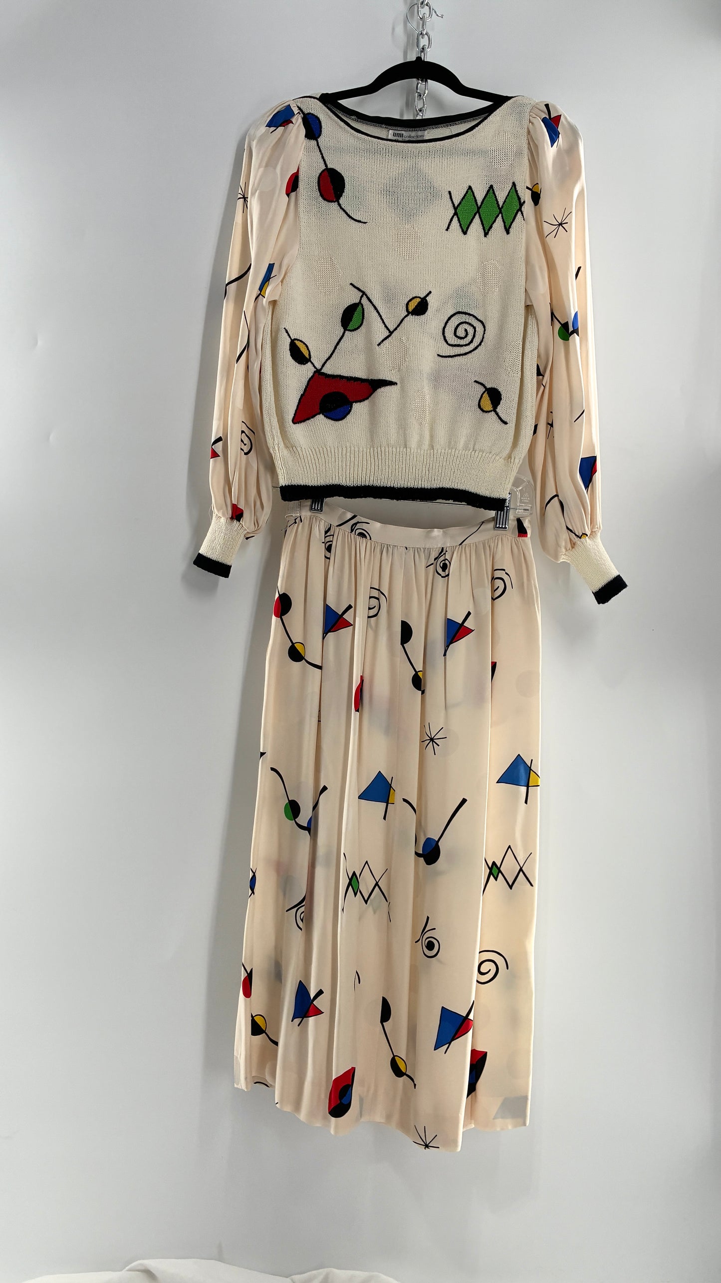 Vintage 1980s UMI collections by Anne Crimmins Off White 2 Piece Set with Abstract Embroidered Designs and 100% Silk Polka Dot Print Skirt (Medium Sweater, 8 Skirt)