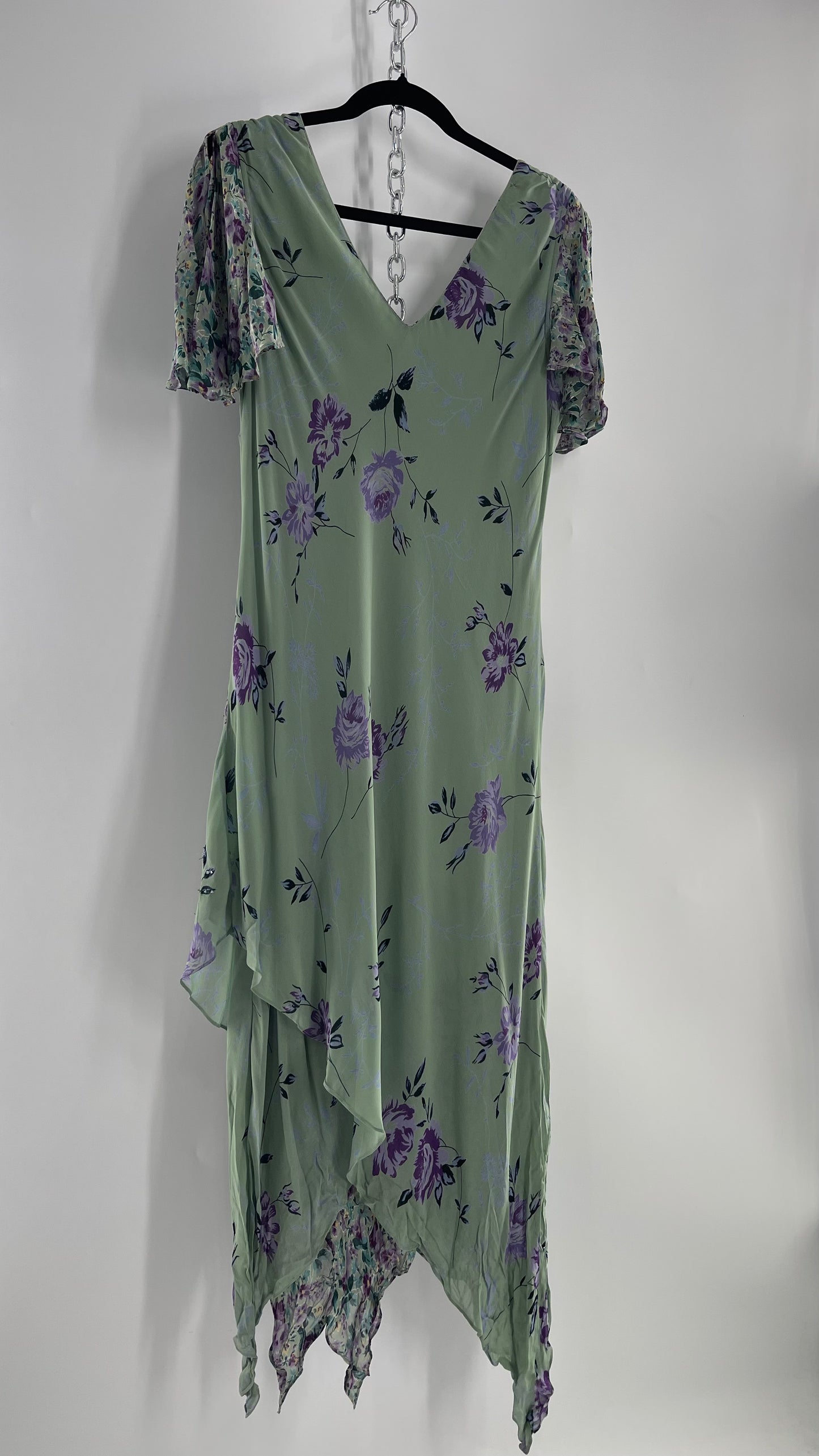 Vintage 1990s EVA BLUE Sage Green  Dress with Purple Beaded Florals and Handkerchief Hem(16)