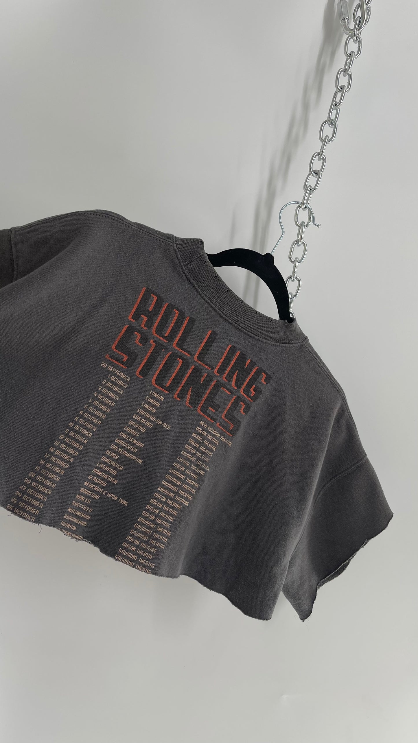 Rolling Stones Charcoal Grey Cropped Graphic Distressed Sweater (XS)