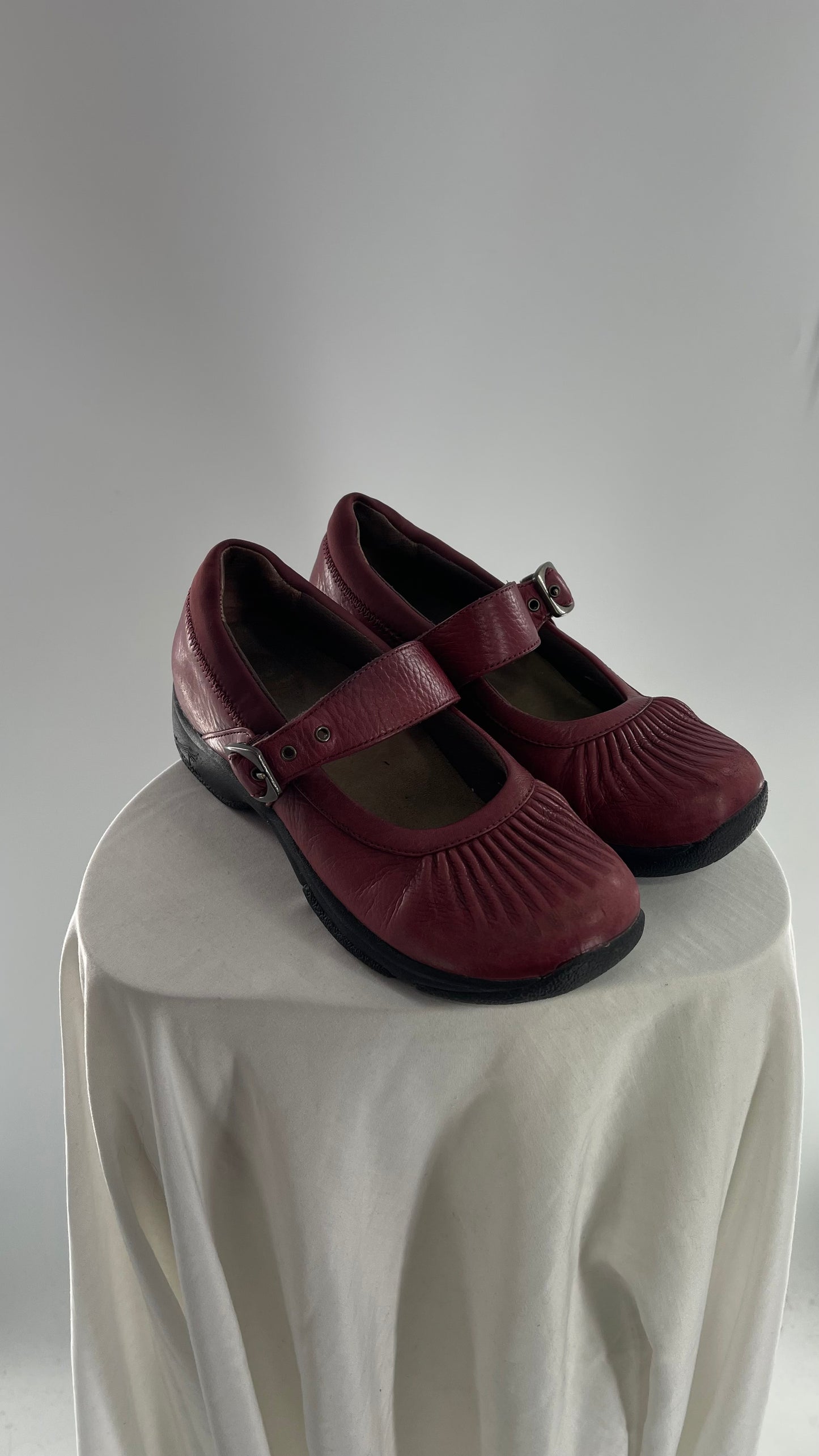 Vintage Red Leather Mary Janes with Pleated Front (38)