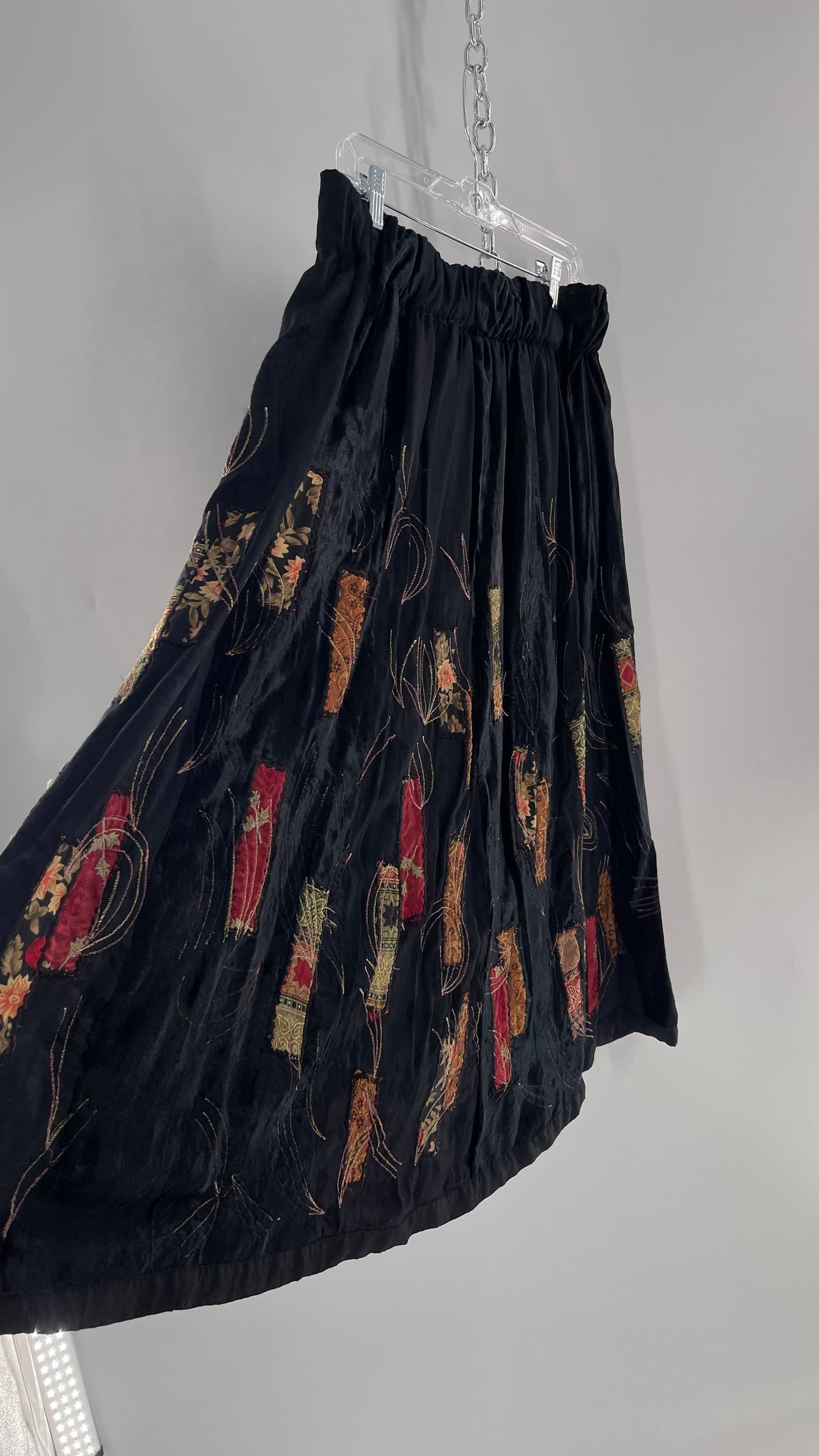 Vintage Black Velvet and Embossed Florals Patchwork Skirt with Metallic Stitch Detailing with Lining and Thick Waistline (M)