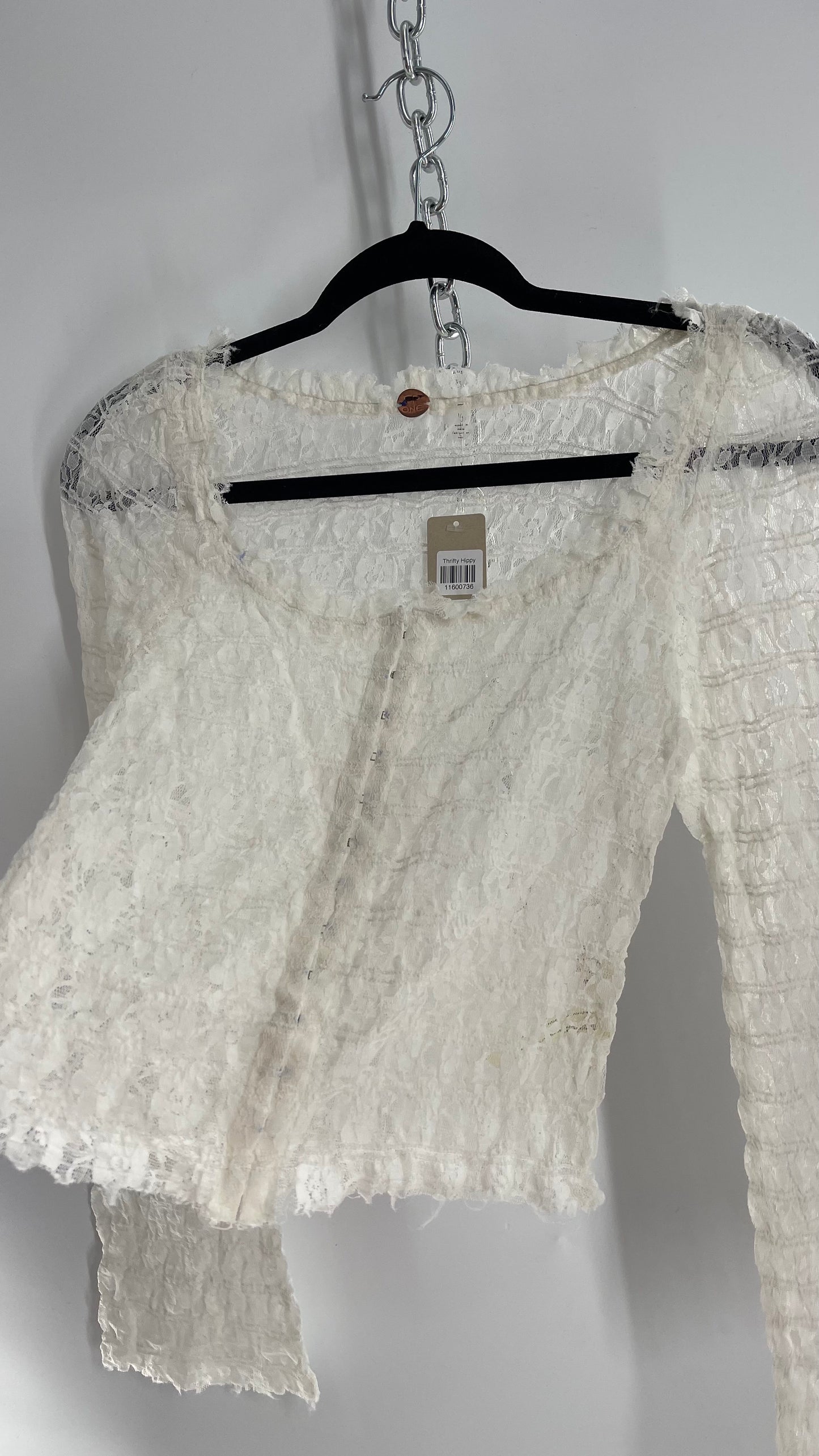 Free People White Smocked Lace Long Sleeve with Eyelet Closure (Large)