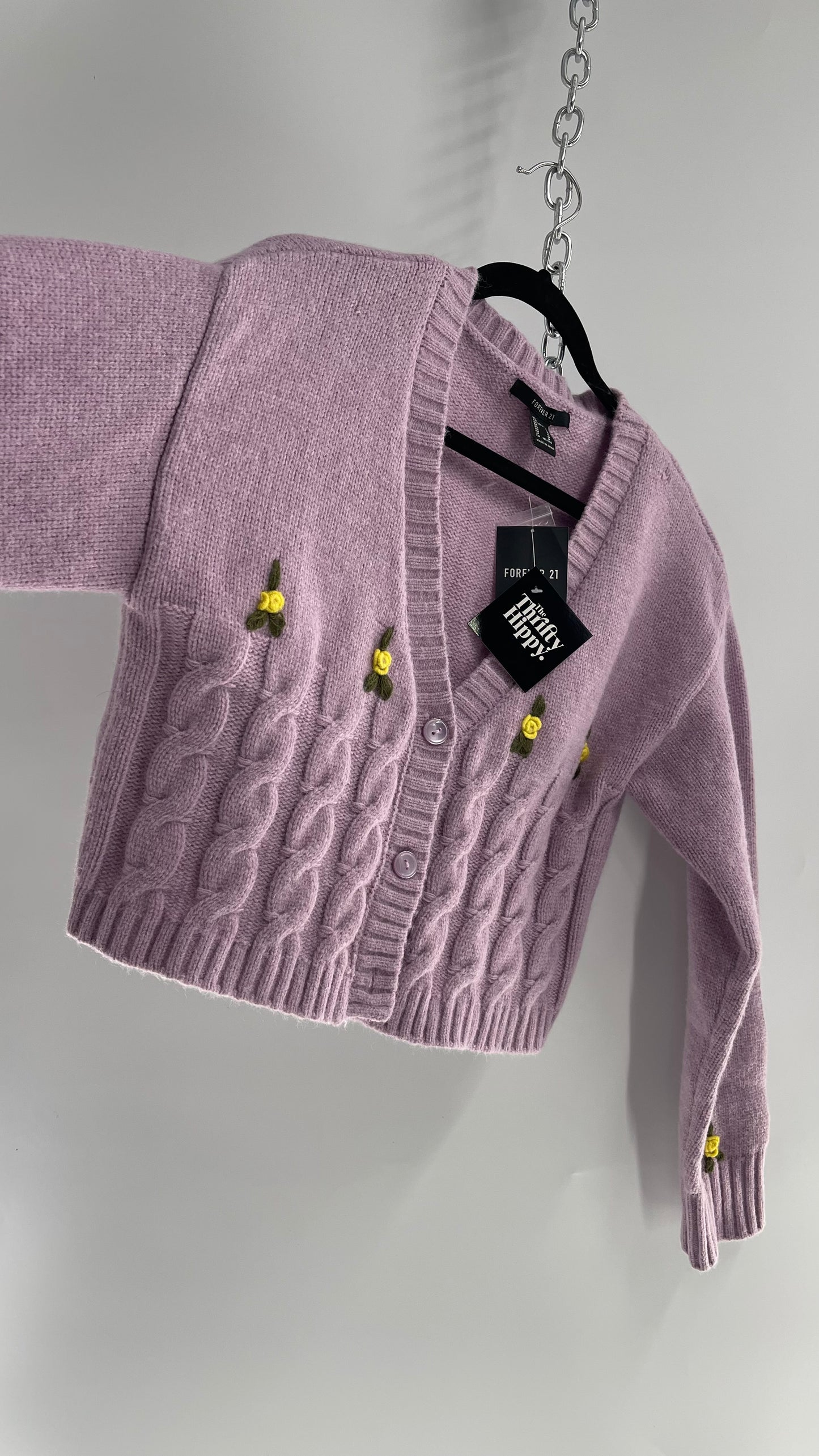 Lilac Thick Knit Cardigan with Tiny Yellow Rosettes and Tags Attached (Medium)