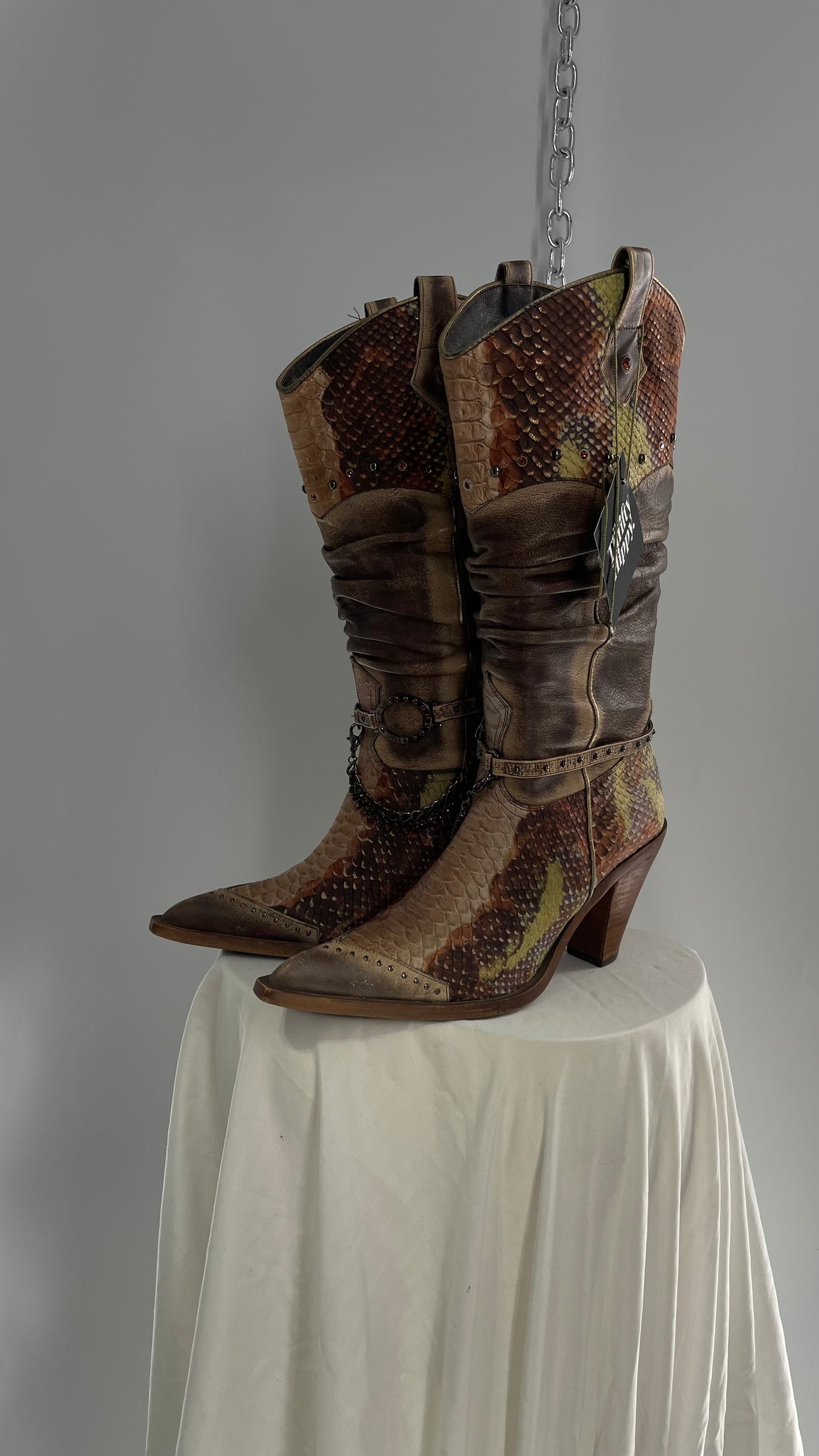 Vintage Steve Madden Stacked/Ruched Pointed Toe Cowboys with Snake Texture, Brown/Green/Orange with Chains and Studs (8)