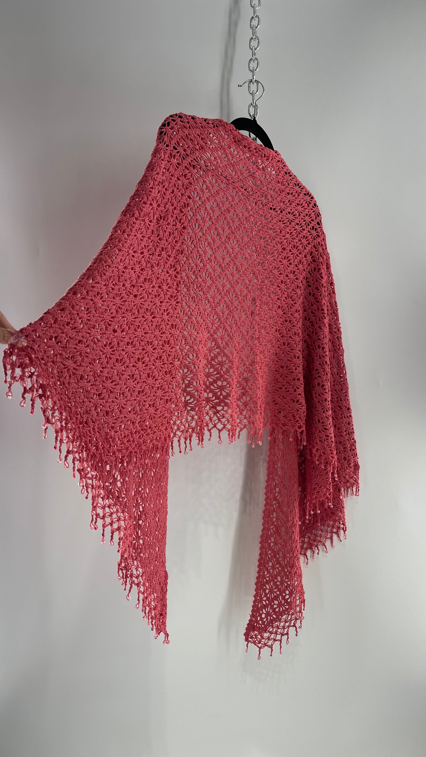 Vintage Hand Crochet Pink Shawl with Beaded Fringe Hem (One Size)