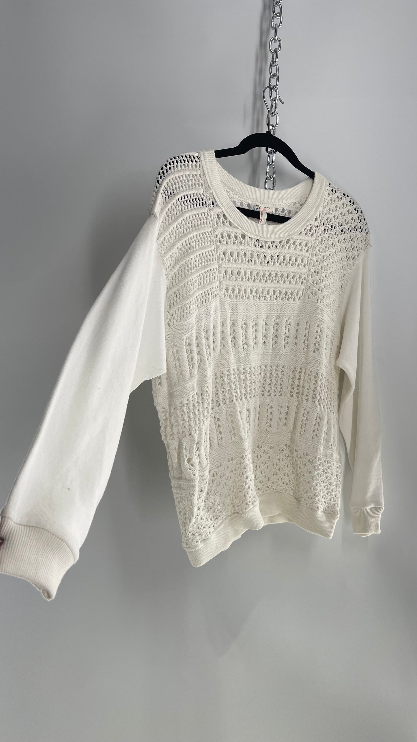 Free People Movement White Sweater with Open Knit Body (Medium)