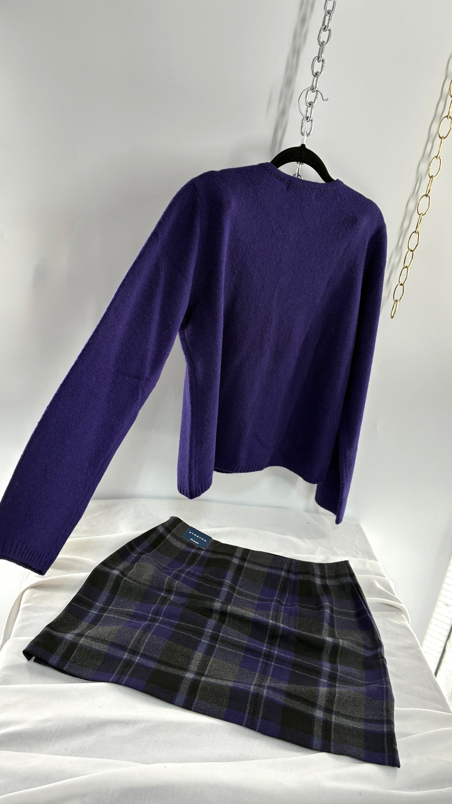 Deadstock Vintage THE LIMITED Japanese 100% Lambswool Purple Cardigan and Plaid Mini Skirt Set (L,10)