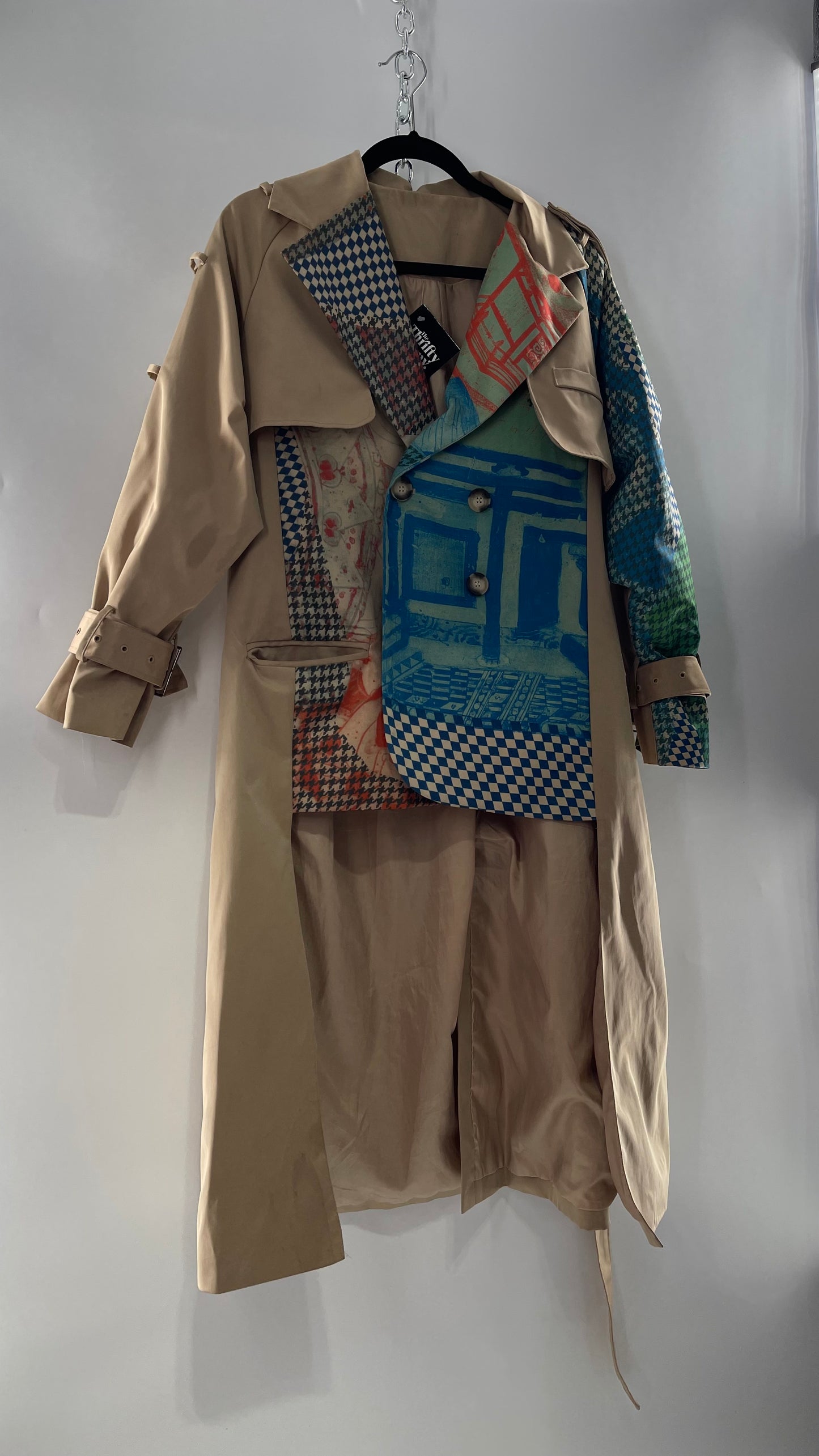 Tan Belted, Double Breasted Trench Coat with Plaid Colorful Graphics and Contrasting Black Zippers (C)(M)