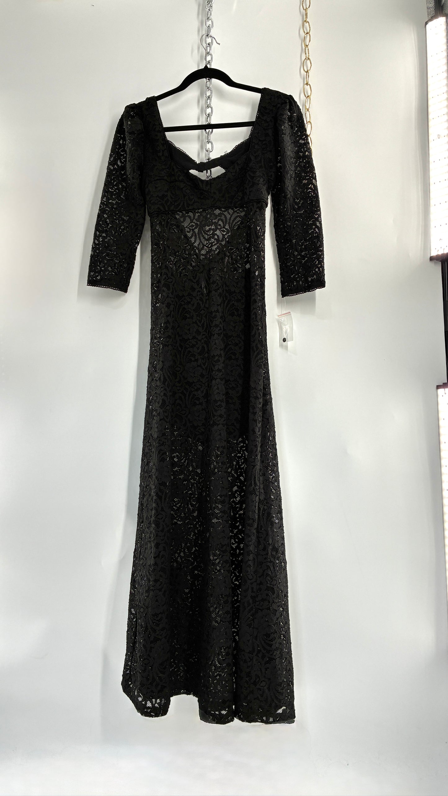 Free People Adored Black Lace Open Back Maxi with Button Bag (Small)