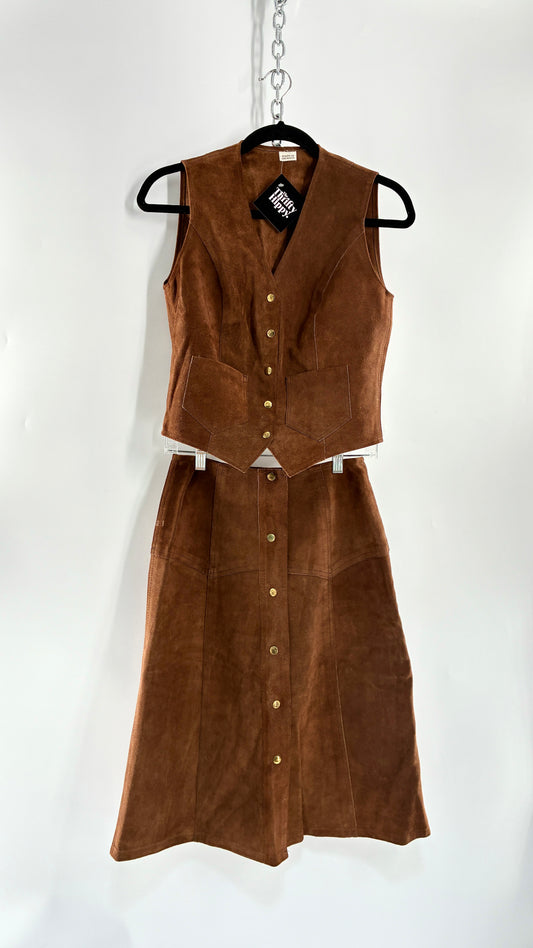 Vintage 1970s Genuine Suede Brown Leather Button Front Skirt and Vest Made in Mexico (XS/S)
