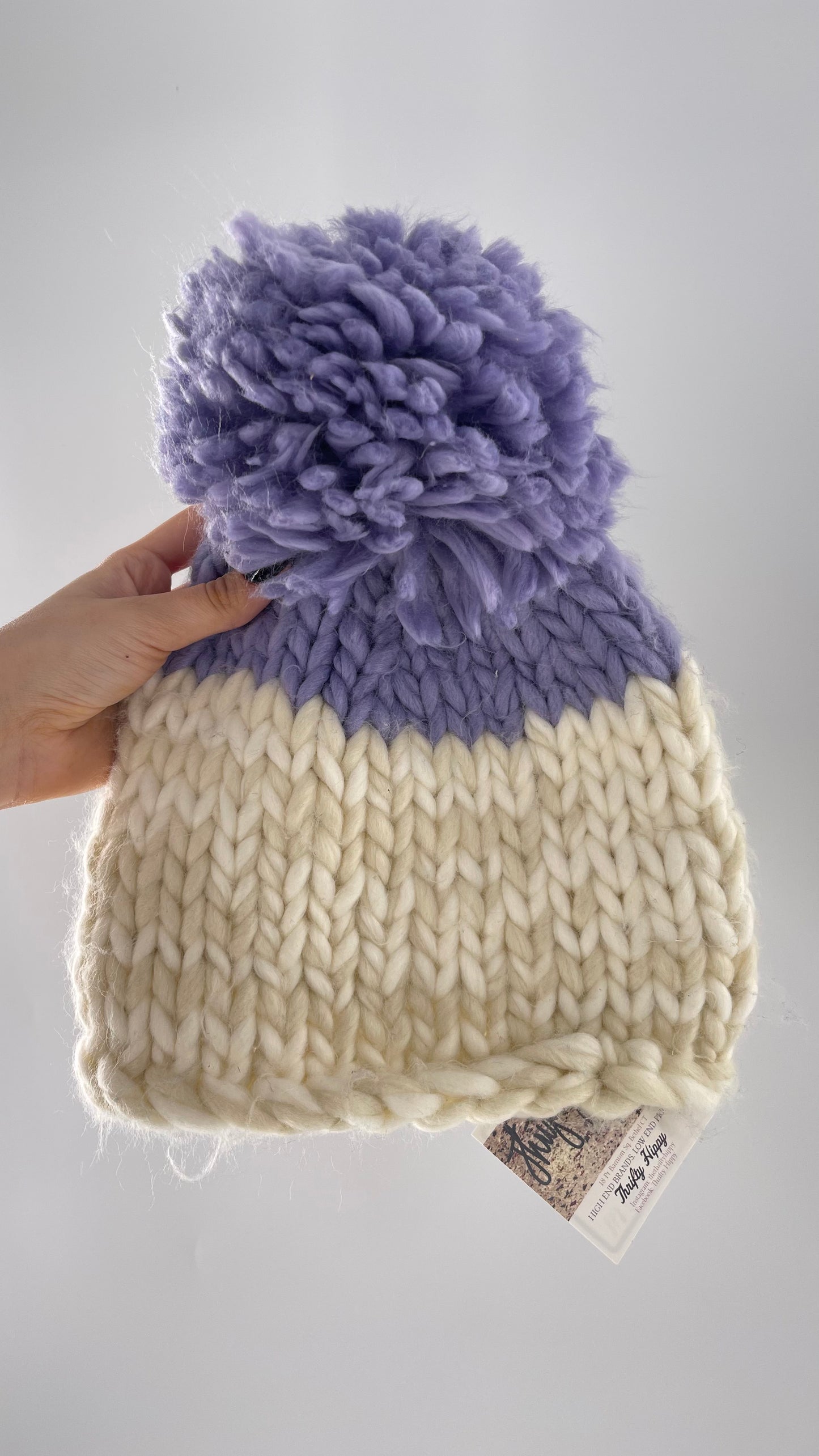 Free People White Knit Beanie with Lilac/Lavender Pom