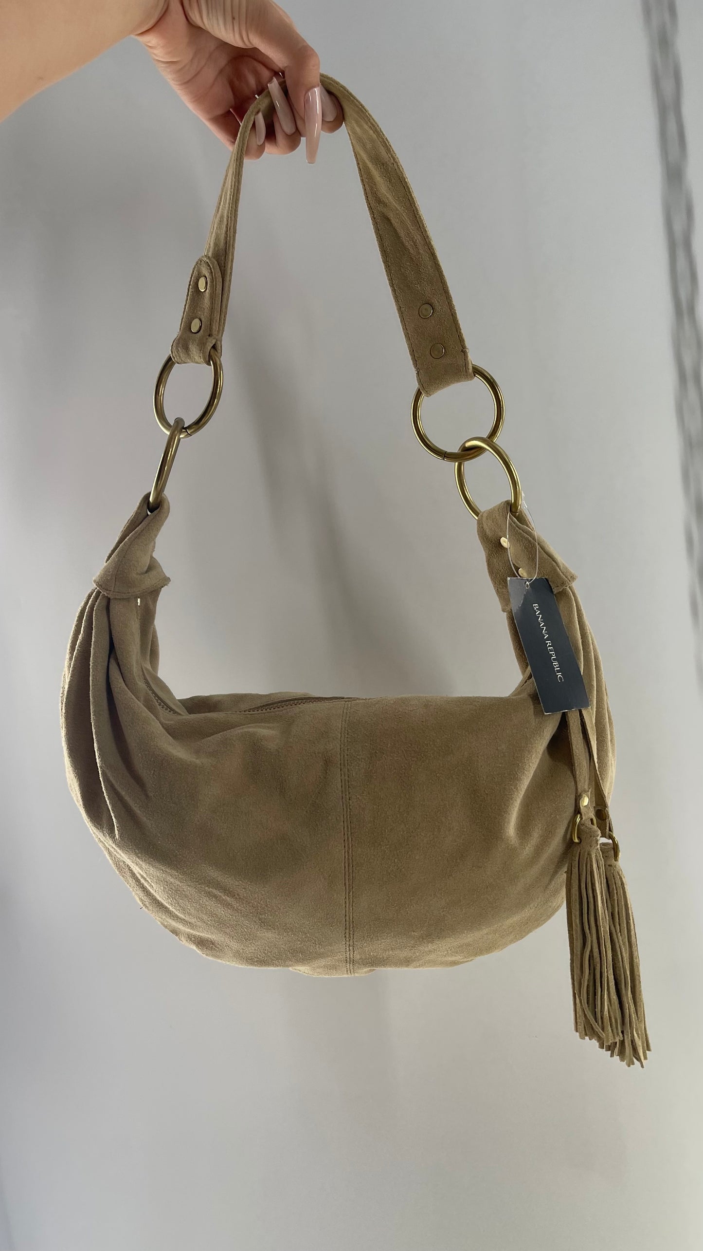 Vintage Banana Republic Genuine Suede Saddle Bag with Tassel Zipper Pull and Tags Attached