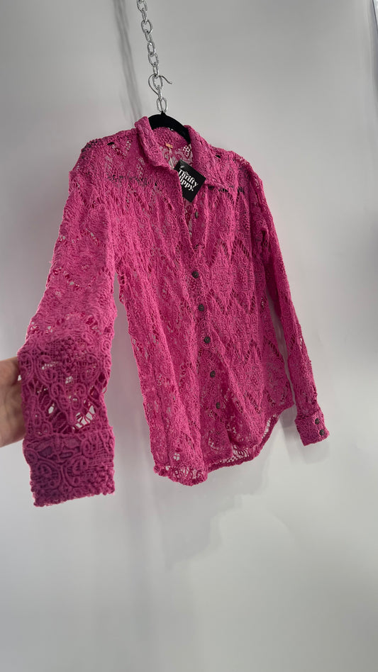 Free People Until Sunday Fuchsia Purple/ Pink Thick Lace Button Front Blouse with Coconut Buttons (XS)