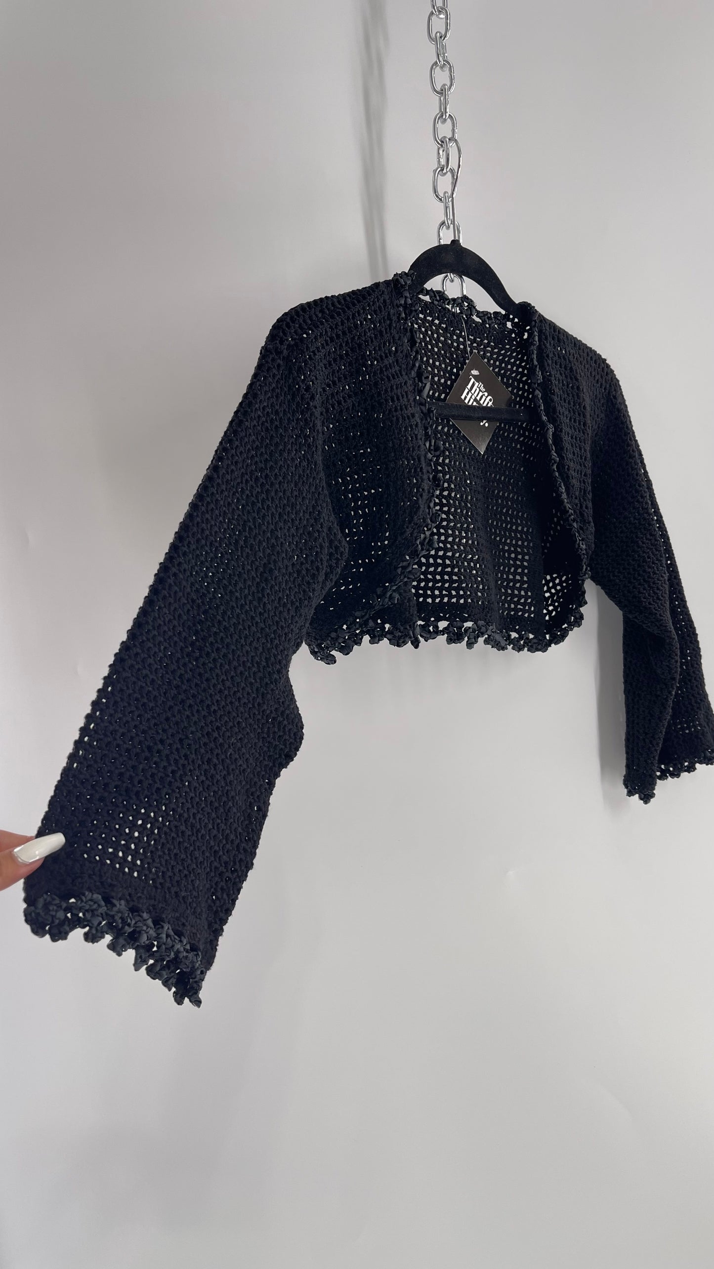 Vintage Black Hand Knit Crochet Shrug with Ribbon Detailing (Medium)