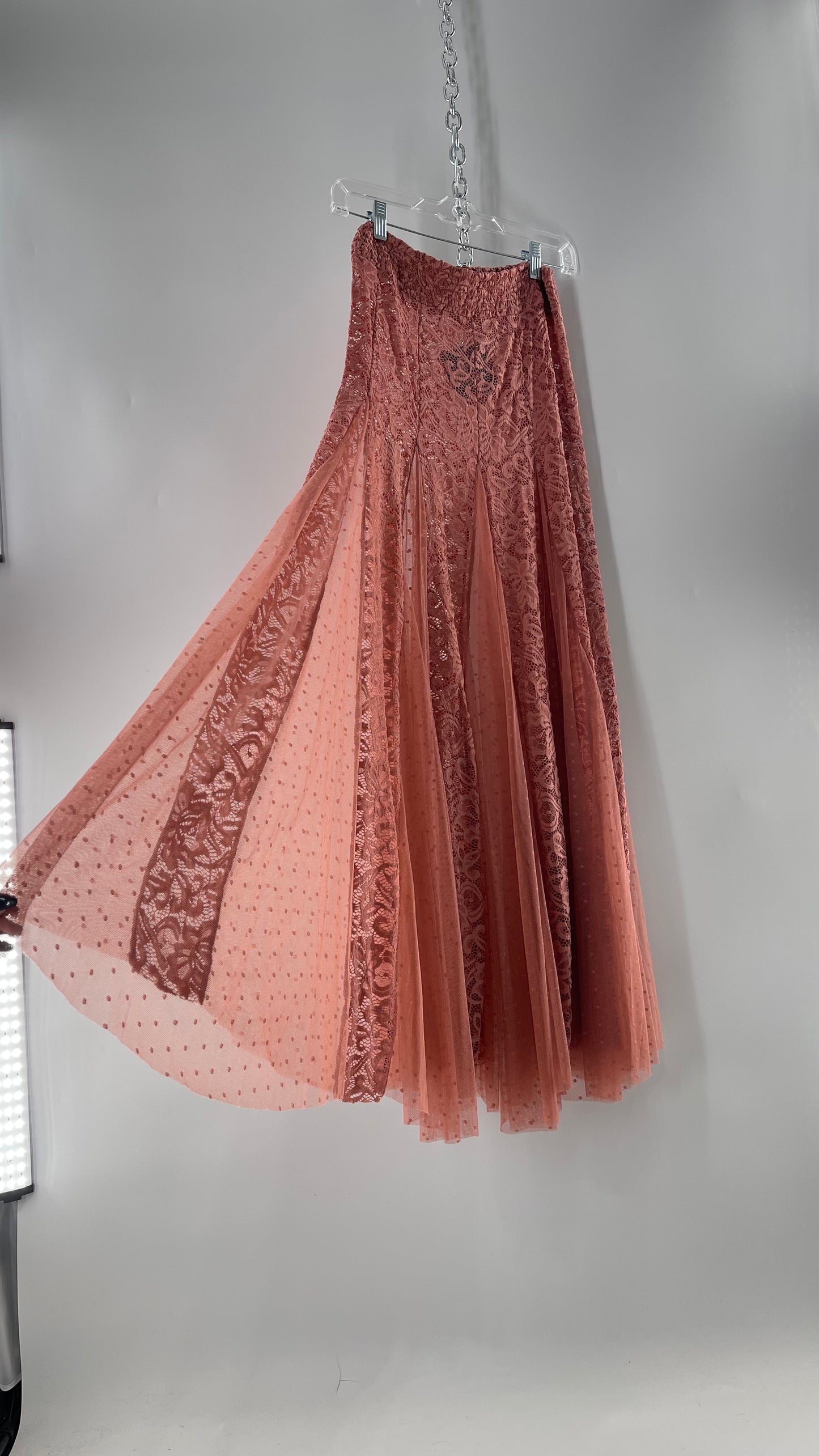 Intimately Free People Blush Pink Lace and Polka Dot Mesh Maxi Skirt (XS)