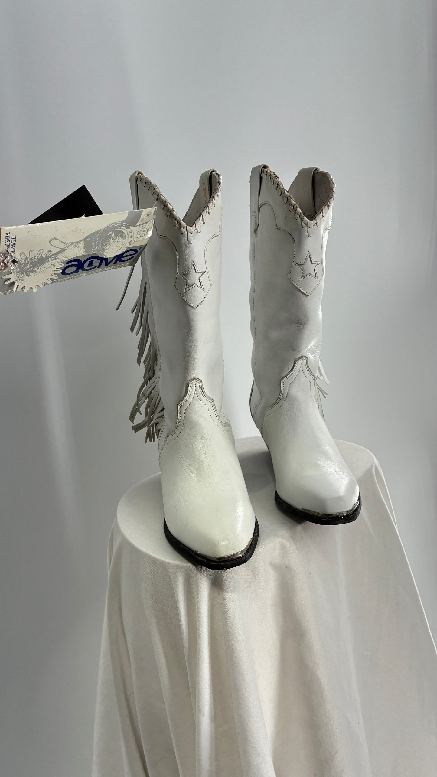 Deadstock Vintage ACME White Cowboy Boots with Braided Cuff, Fringe Sides(6)