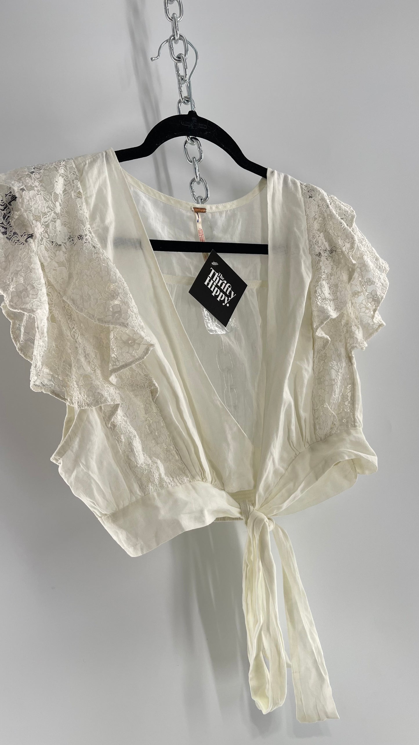 Free People White Cotton Cropped Wrap Around Blouse with Lace Details (L)