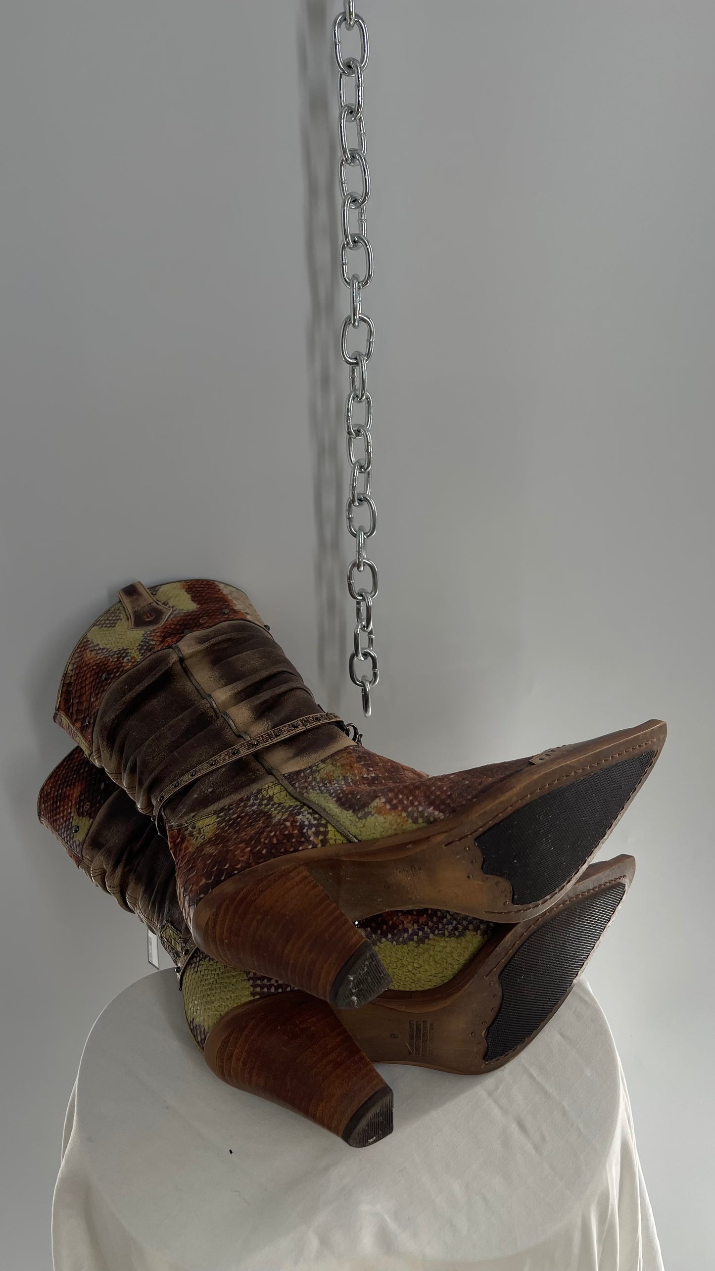 Vintage Steve Madden Stacked/Ruched Pointed Toe Cowboys with Snake Texture, Brown/Green/Orange with Chains and Studs (8)