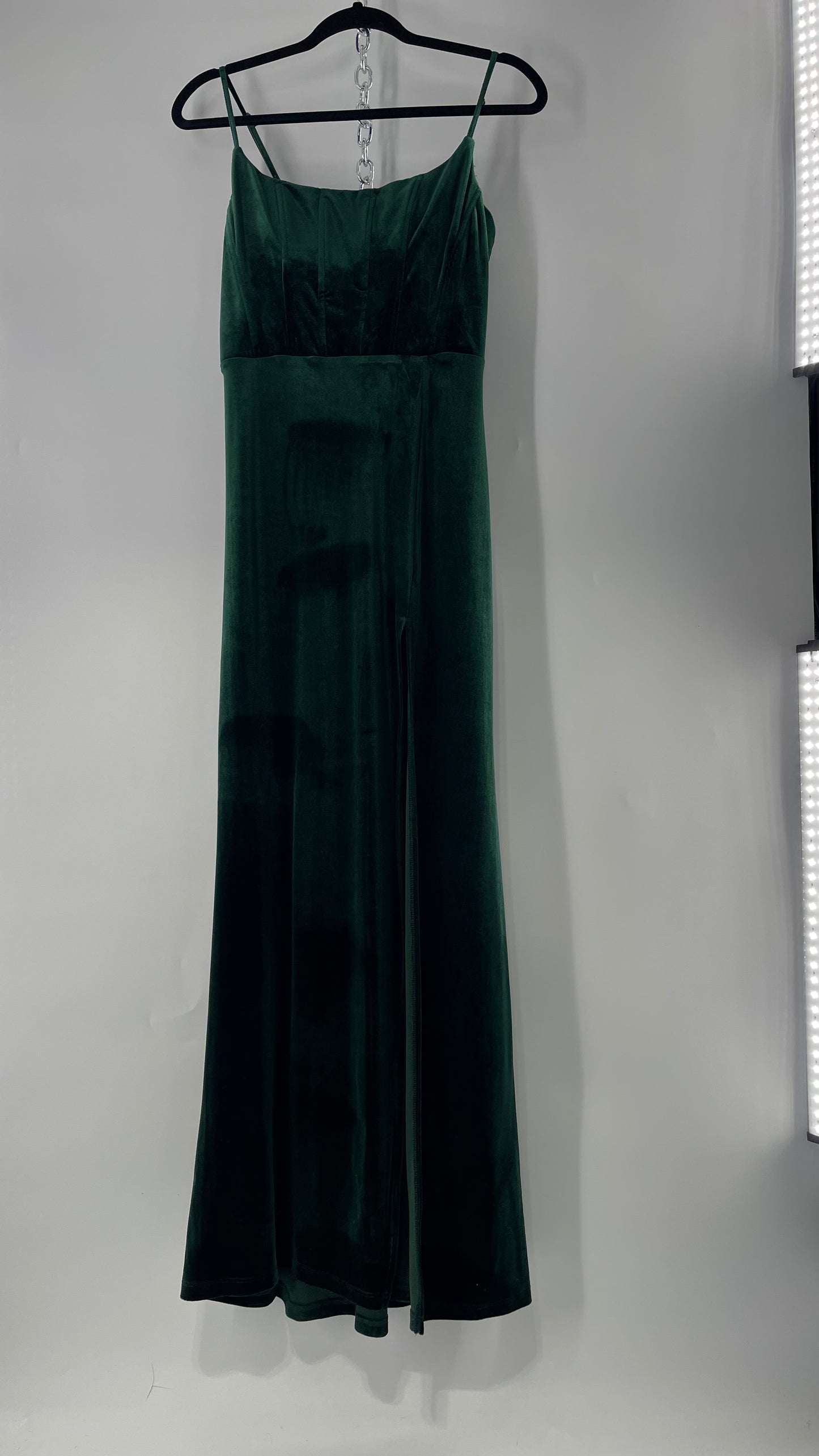 Windsor Forest Green Velvet Maxi Dress with Corseted Bust and Side Slit (11/12)