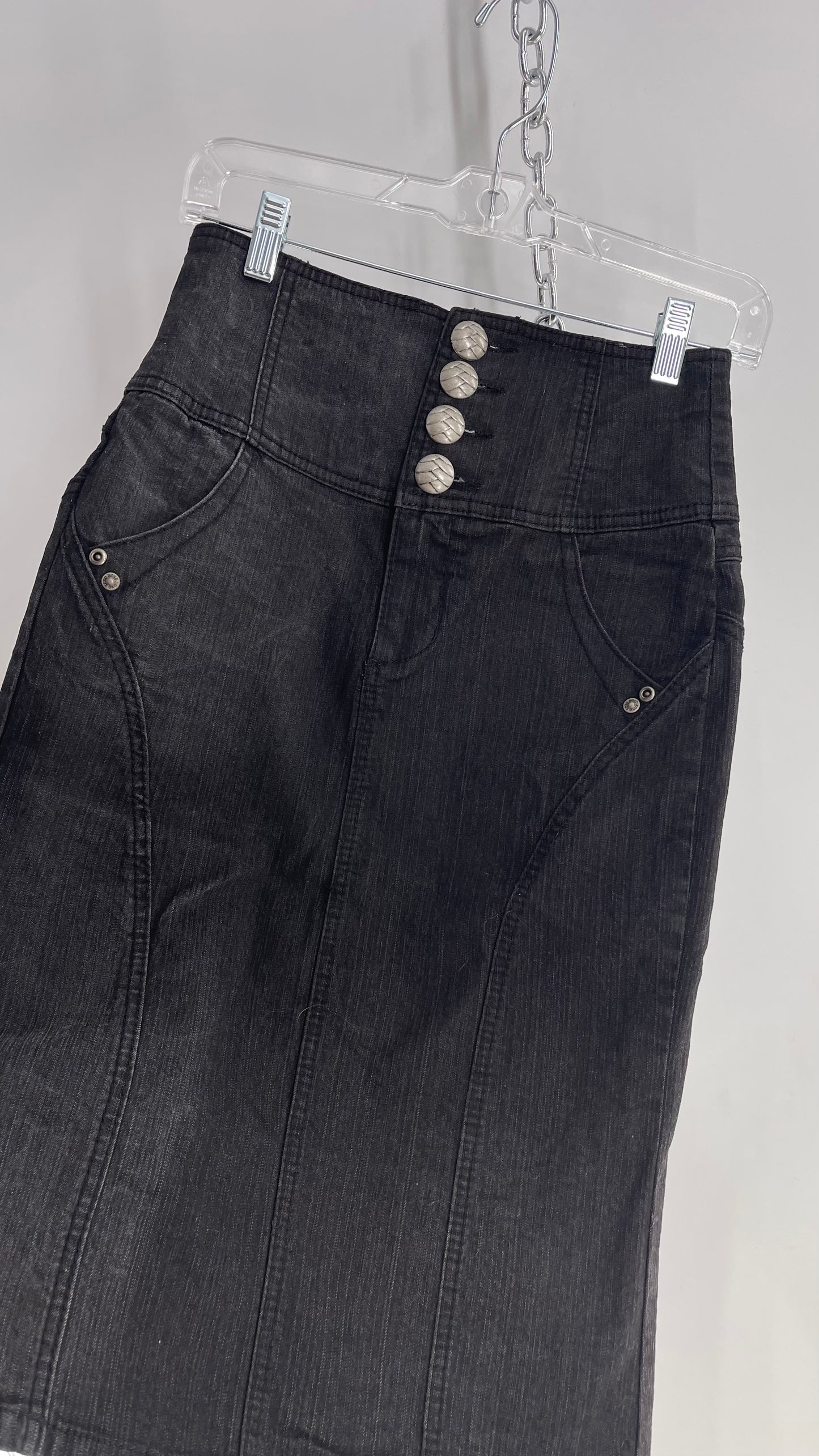 XOXO Dark Wash Denim Body Con Midi Skirt with Buttons, Embroidery, and Pleats (7/8)