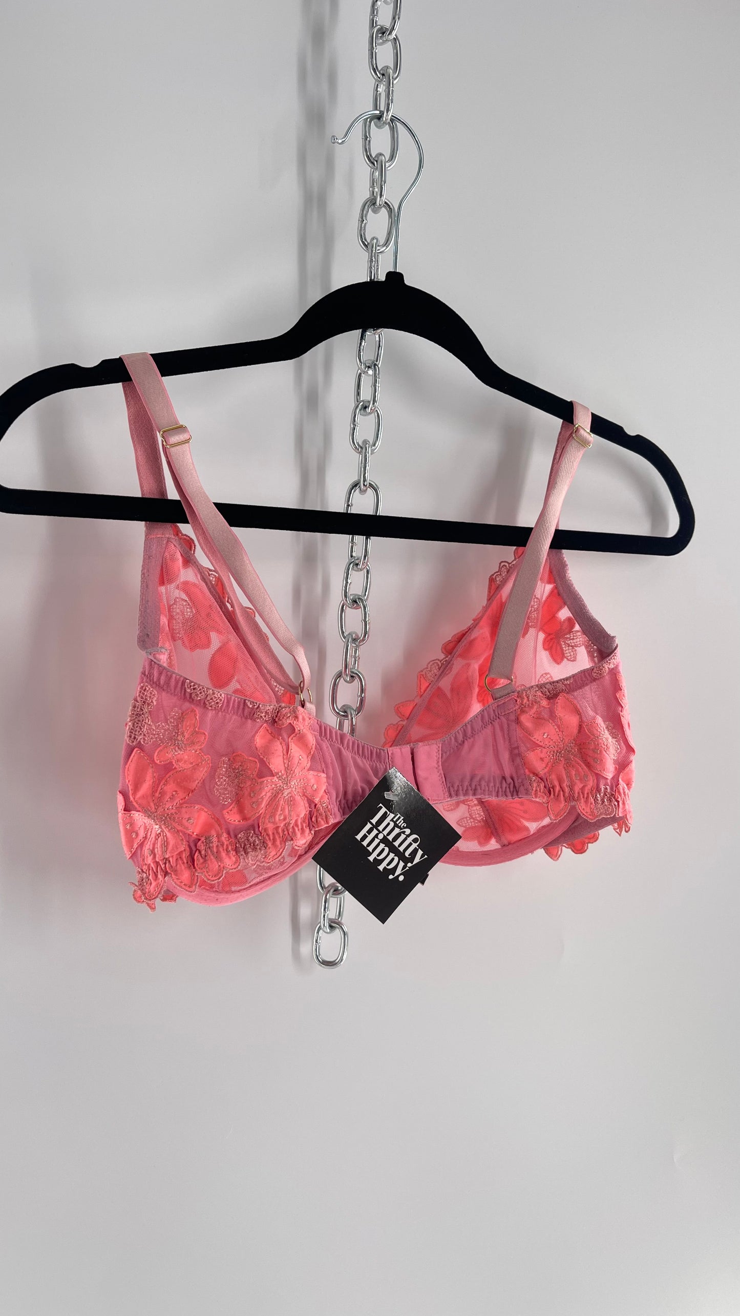 Vintage Victorias Secret Neon Pink Mesh Bra with Floral Appliqués (36DDD)