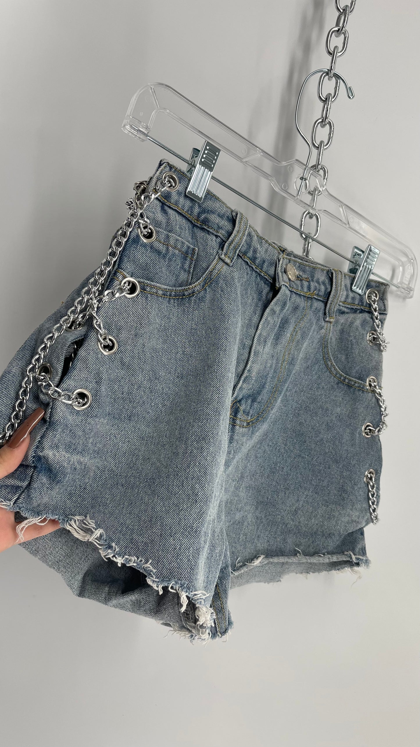 Vintage High Waisted Open, Chain Side Denim Shorts (Small)