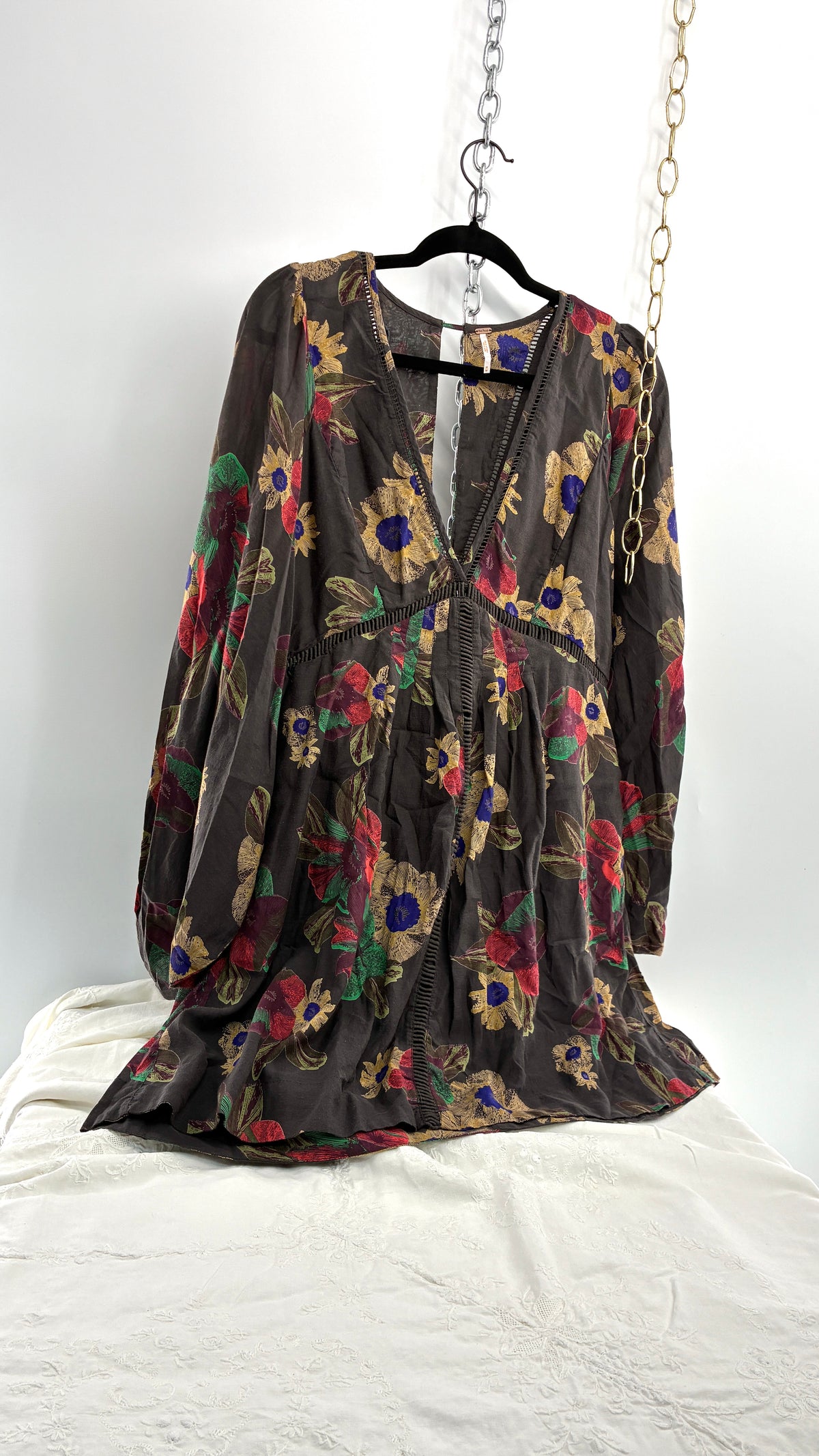 Vintage Free People Slate Grey Dress with Primary Florals (Medium)
