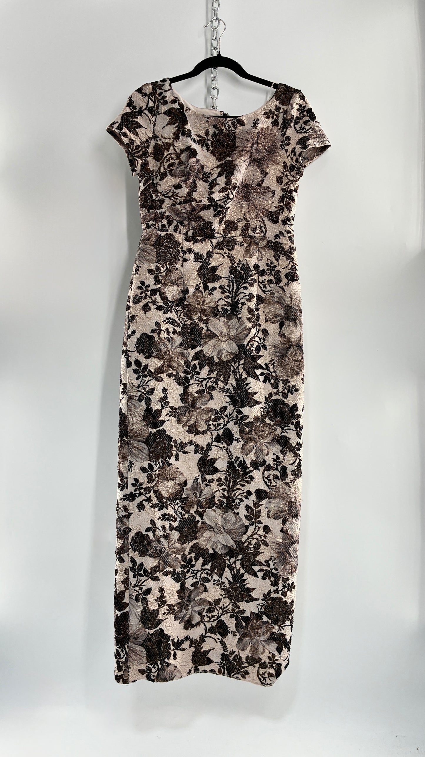 Vintage Adrianna Papell Neutral Floral Dress with Beading and Gold Sheen (6P)