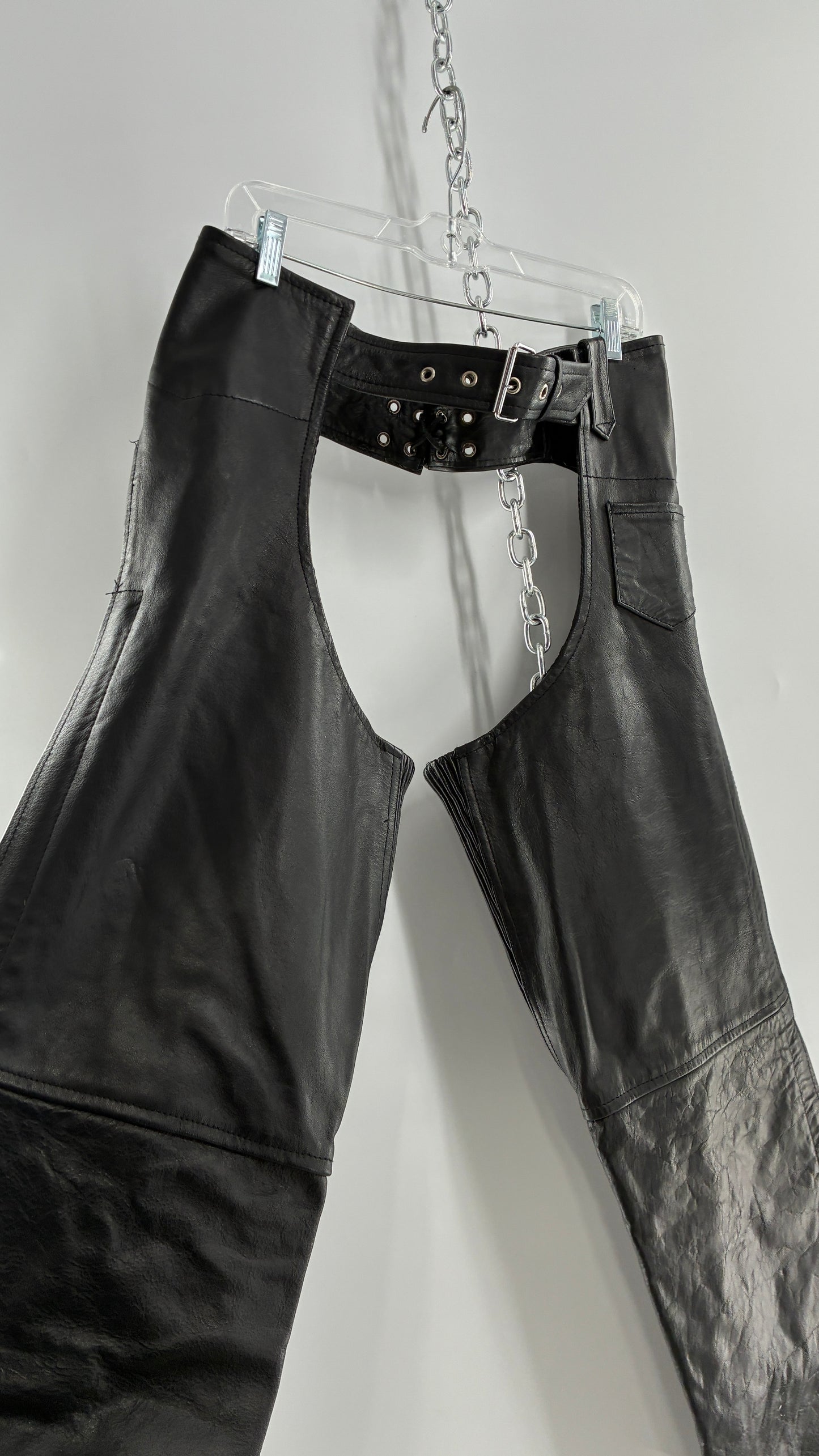 Vintage Xelement Black Genuine Leather Motorcycle Chaps with Side Zipper and Button Closure (34)