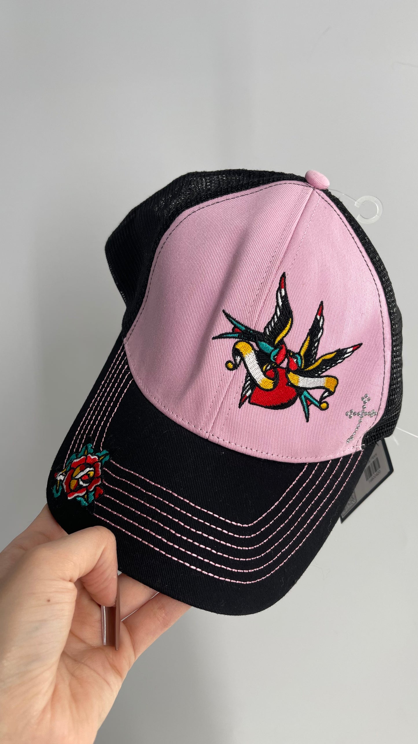 Black Pink Heart Embroidered Trucker Hat