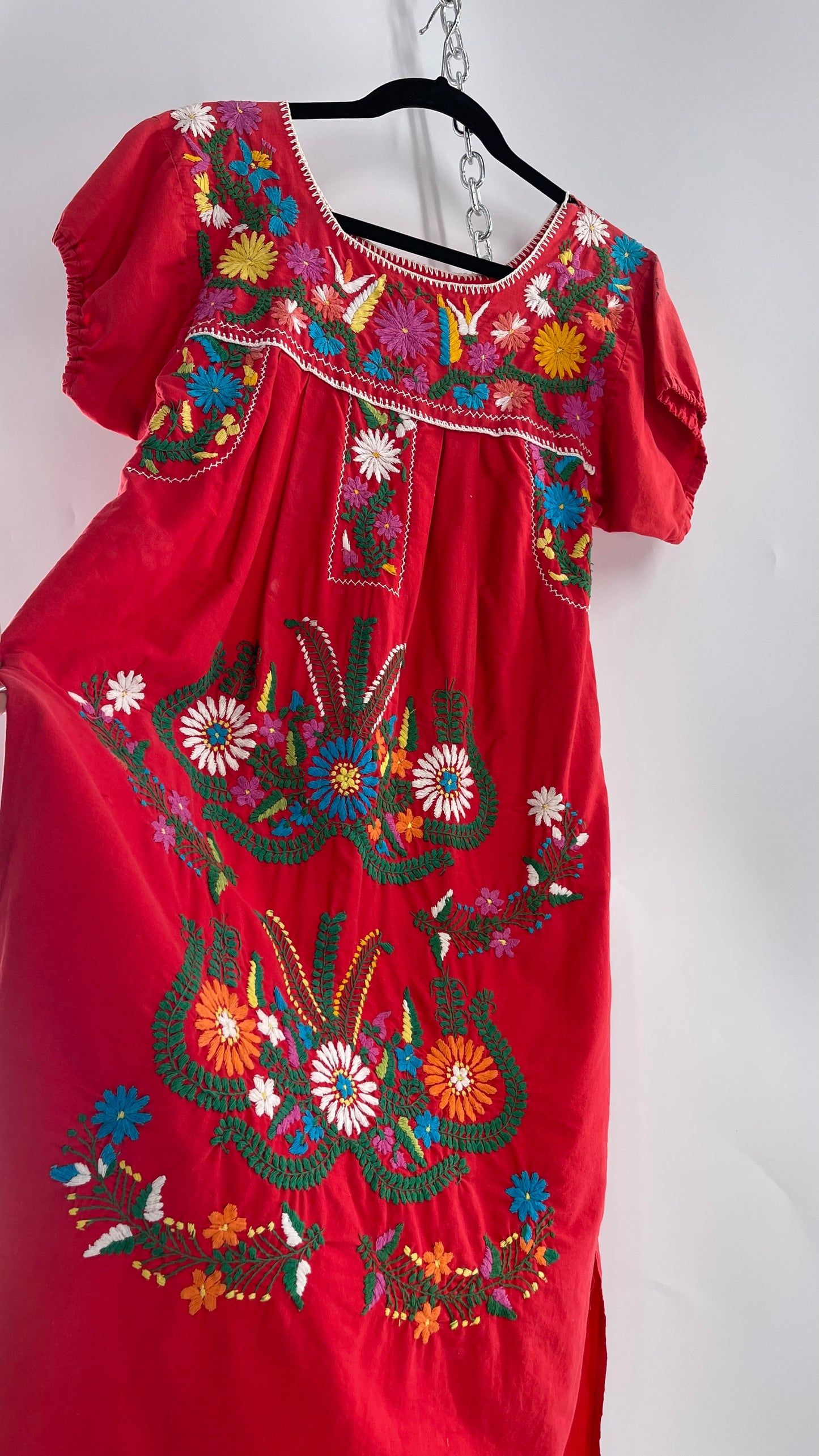 Vintage 1970s Red Cotton Dress with Hand Embroidered Florals Imported from Mexico (Small)