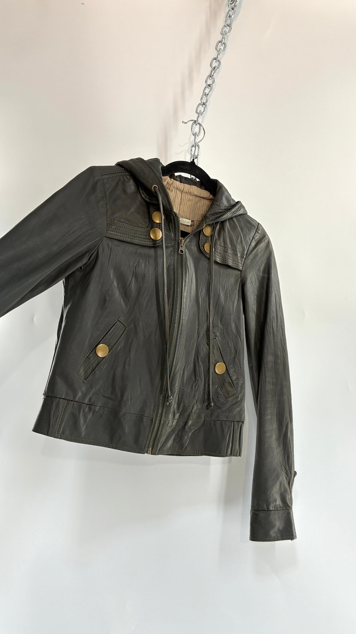Vintage MIKE & CHRIS Grey Genuine Leather Hoodie Style Zip Front Jacket with Oversized Bronze Buttons and Contrast Stitching (XS)